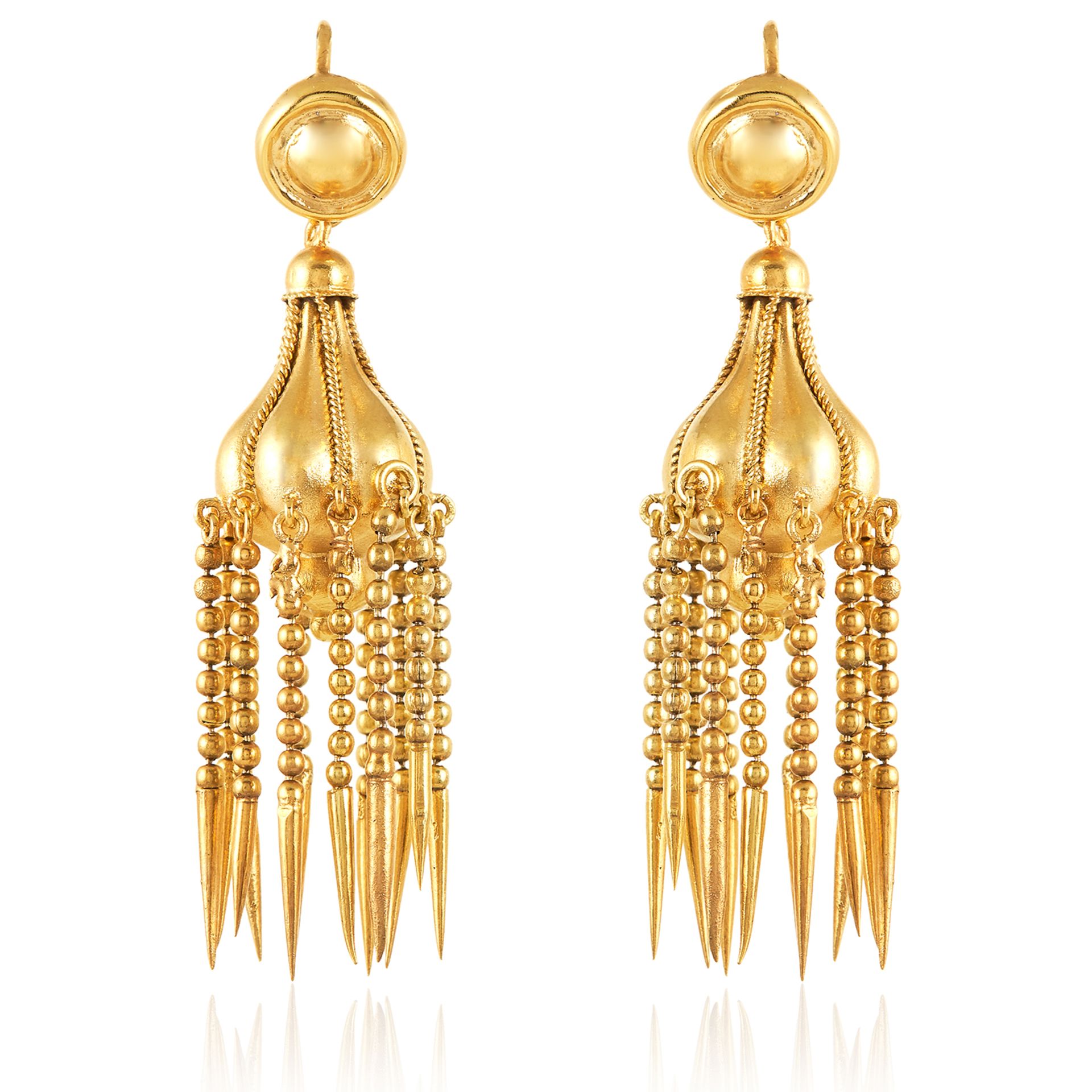 A PAIR OF ANTIQUE ARTICULATED TASSEL EARRINGS, 19TH CENTURY each designed as a lobed drop with