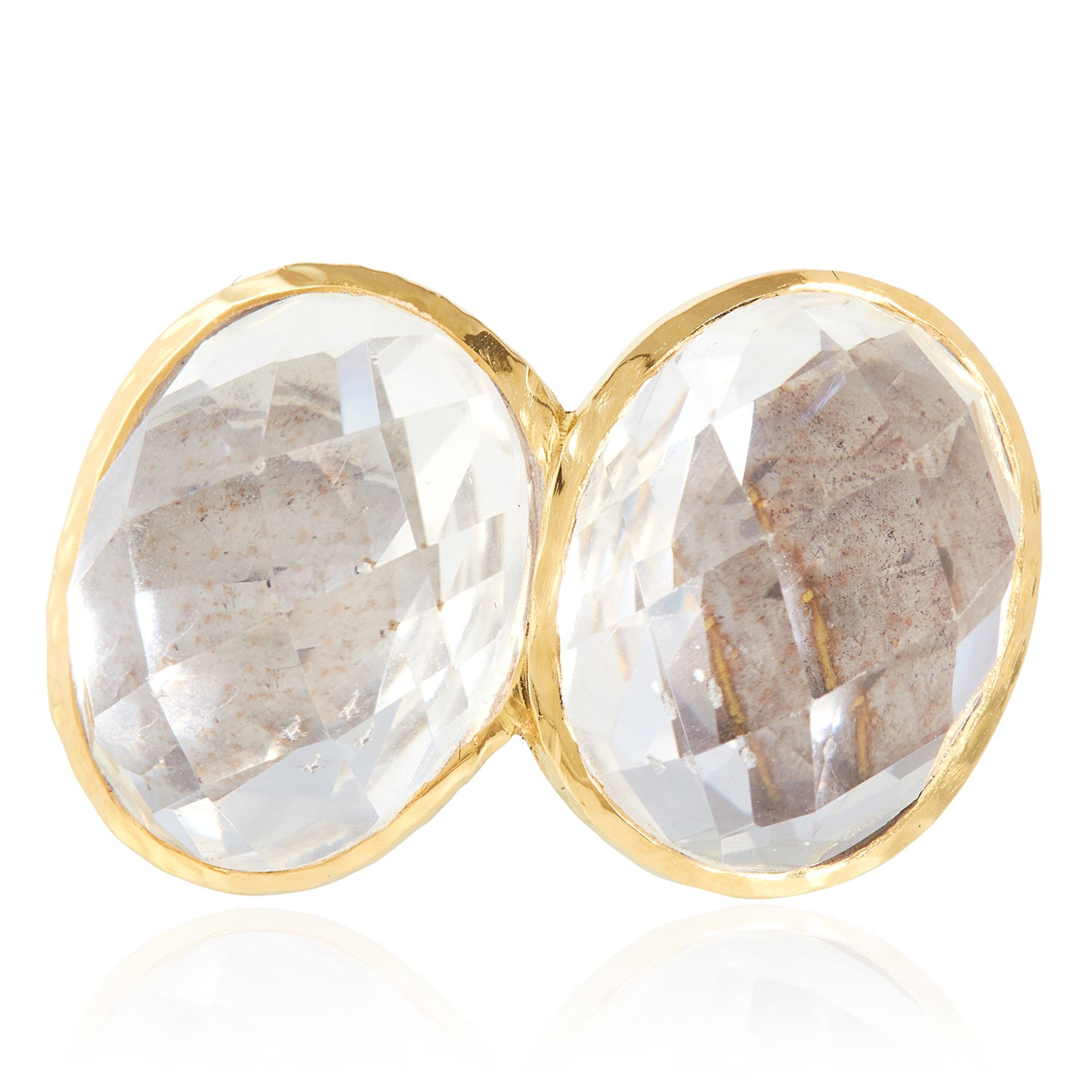 A VINTAGE ROCK CRYSTAL DRESS RING, DAVID WEBB in 18ct yellow gold, the crossover design jewelled