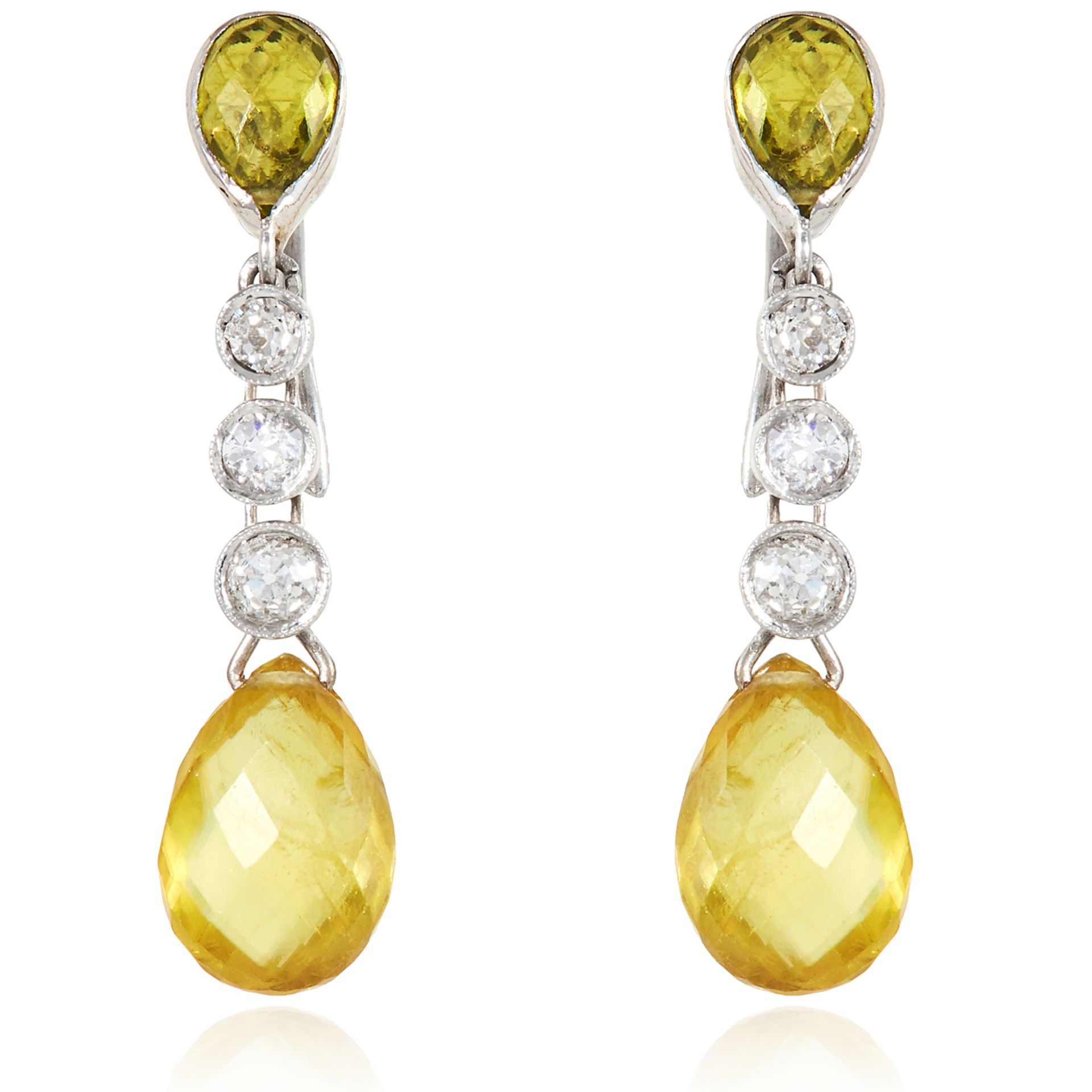 A PAIR OF PERIDOT AND DIAMOND DROP EARRINGS in white gold or platinum, each set with a briolette cut