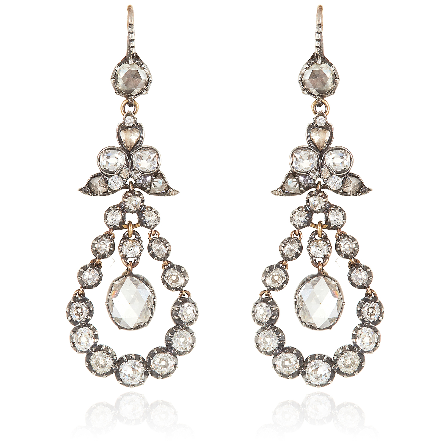 A PAIR OF ANTIQUE DIAMOND EARRINGS, 19TH CENTURY in yellow gold and silver, each set with a