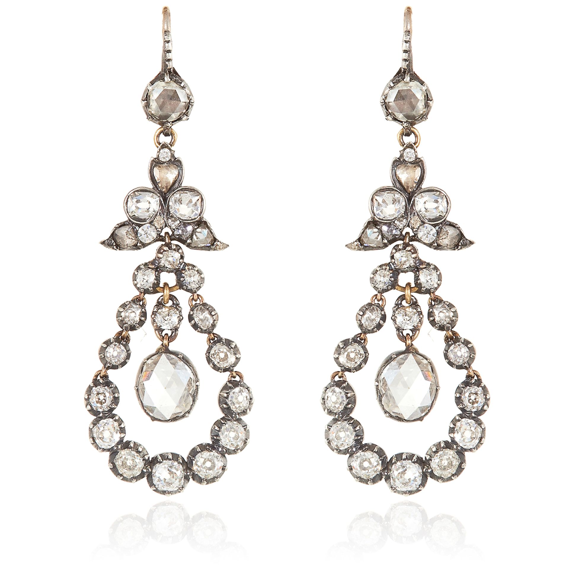 A PAIR OF ANTIQUE DIAMOND EARRINGS, 19TH CENTURY in yellow gold and silver, each set with a