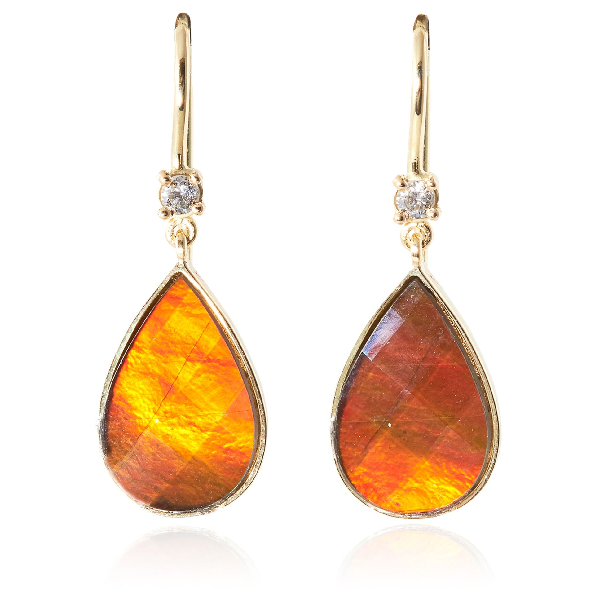 A PAIR OF AMMOLITE AND DIAMOND EARRINGS in high carat yellow gold, each set with a pear shaped
