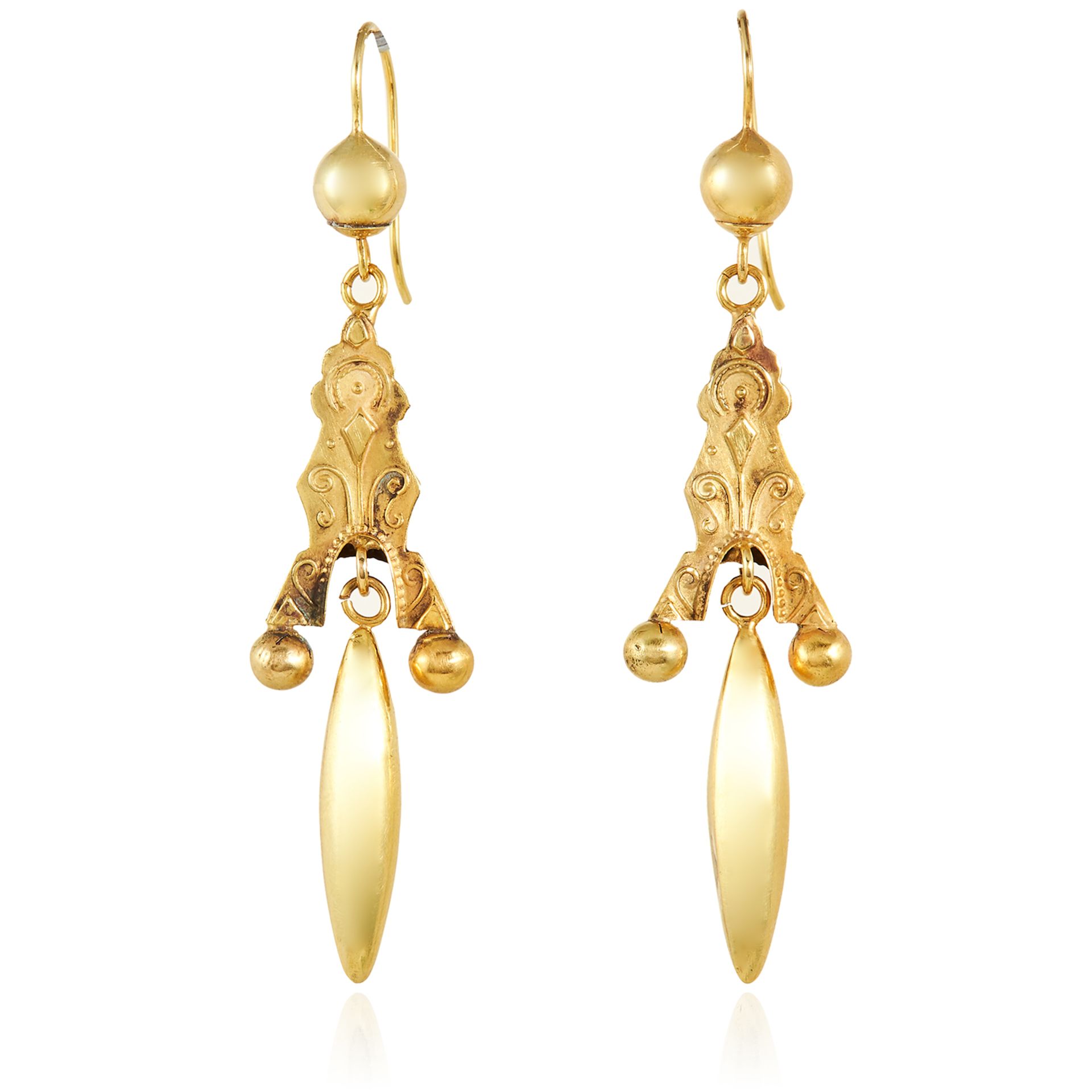 A PAIR OF ANTIQUE ARTICULATED EARRINGS, 19TH CENTURY in high carat yellow gold, each suspending a