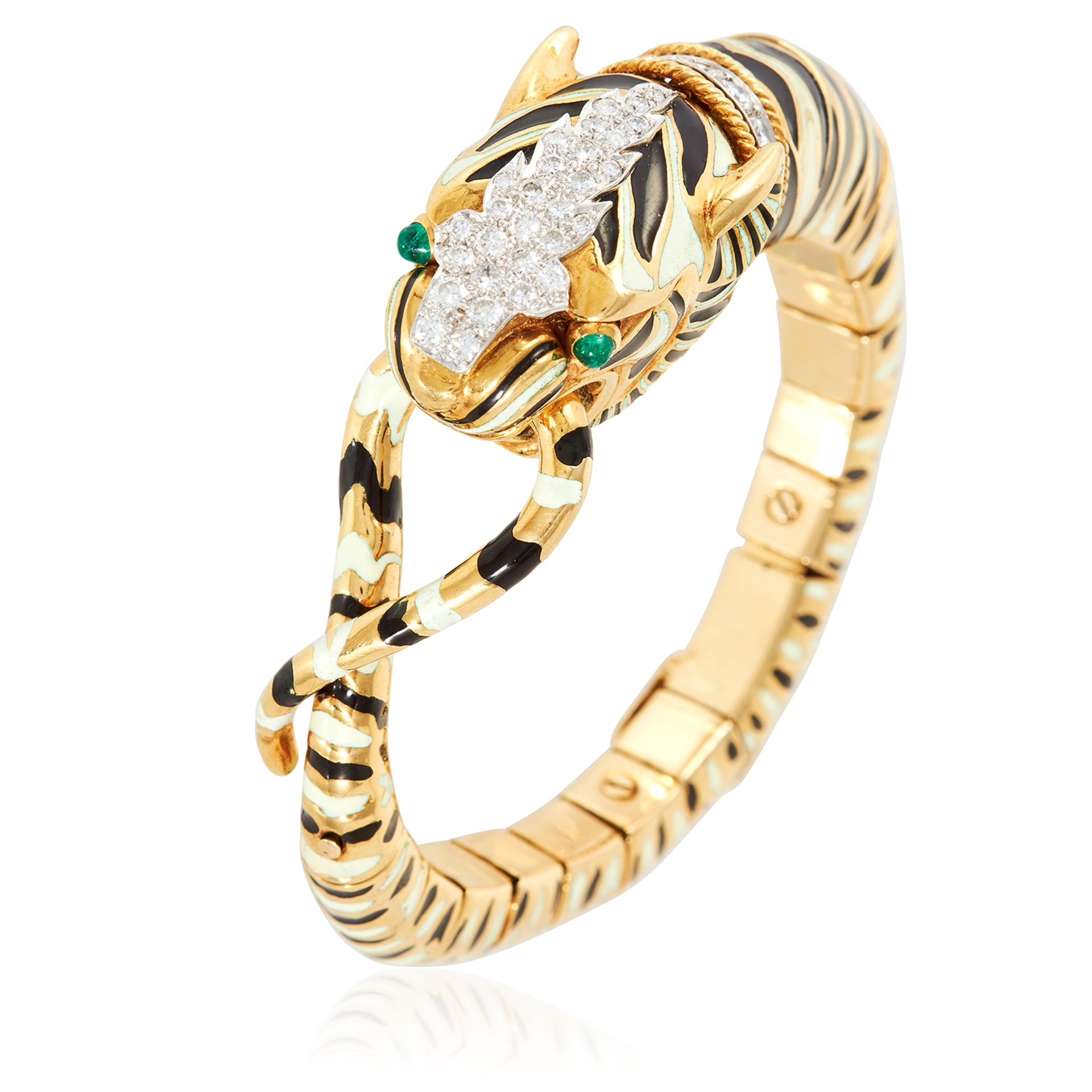 AN EMERALD, DIAMOND AND ENAMEL TIGER BRACELET in yellow gold, depicting a tiger enamelled in white