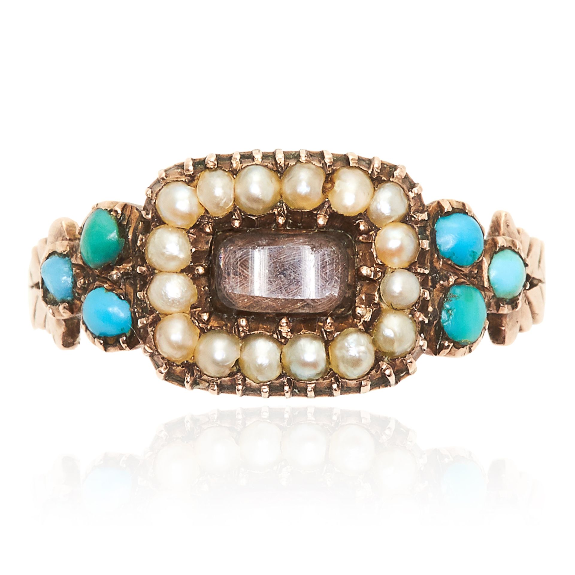 AN ANTIQUE HAIRWORK, TURQUOISE AND PEARL MOURNING RING, 19TH CENTURY in high carat yellow gold,