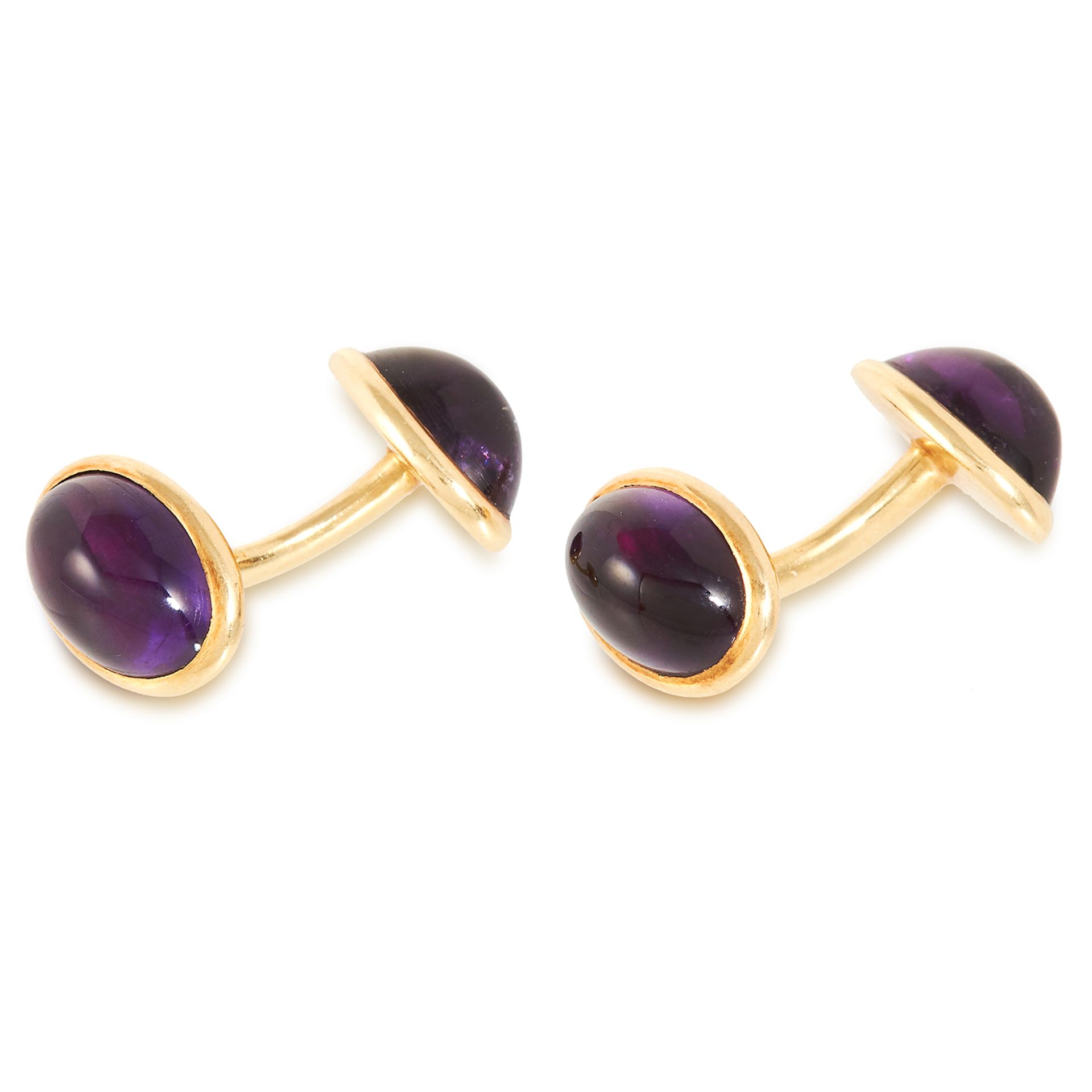 A PAIR OF AMETHYST CUFFLINKS in 18ct yellow gold, set at either end with an oval cabochon