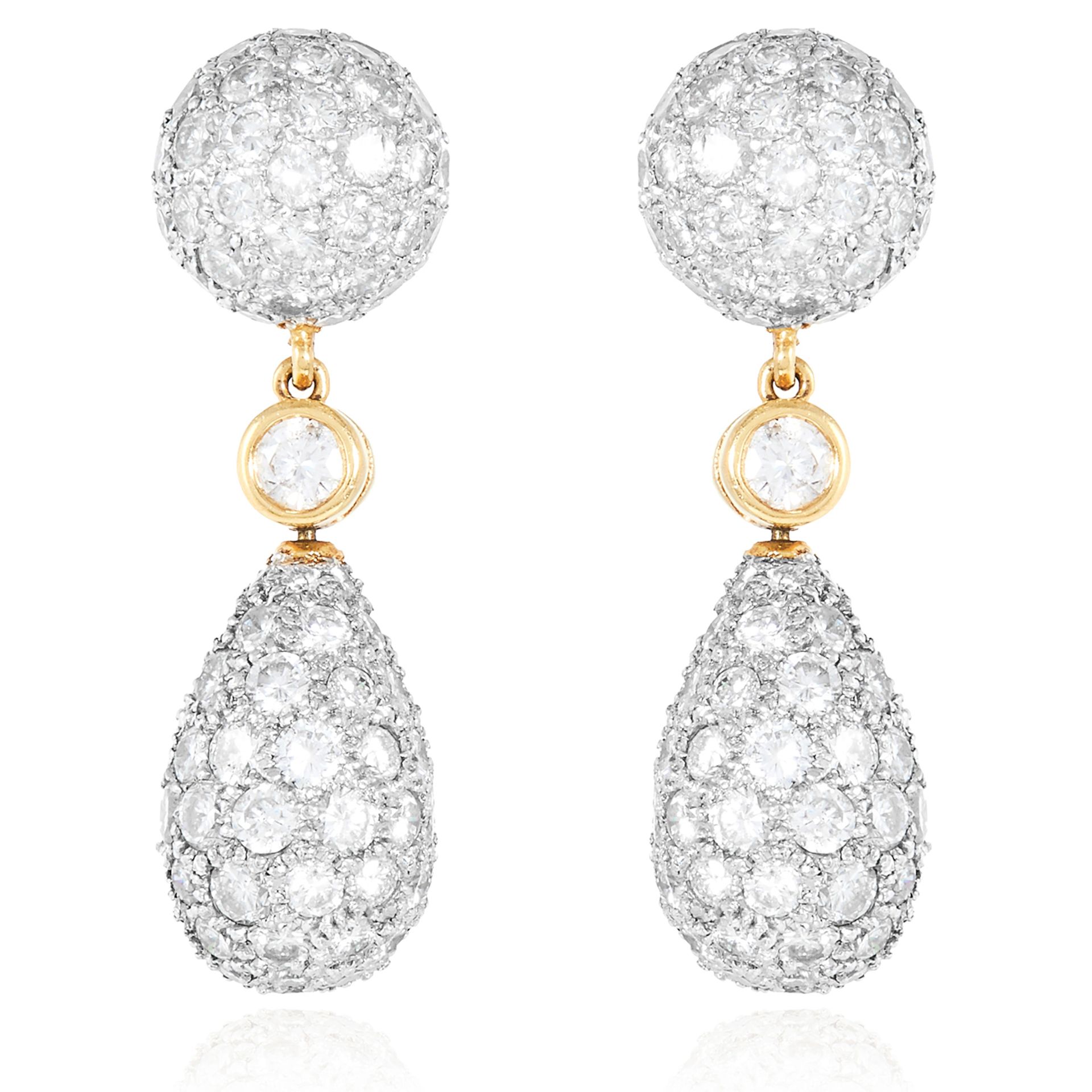 A PAIR OF DIAMOND EARRINGS in 18ct yellow gold, each comprising of a circular bead suspending a tear