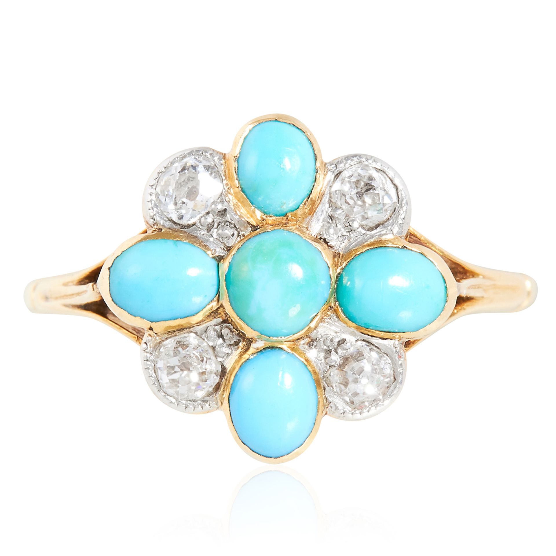 AN ANTIQUE TURQUOISE AND DIAMOND CLUSTER RING, 19TH CENTURY in high carat yellow gold, set with five