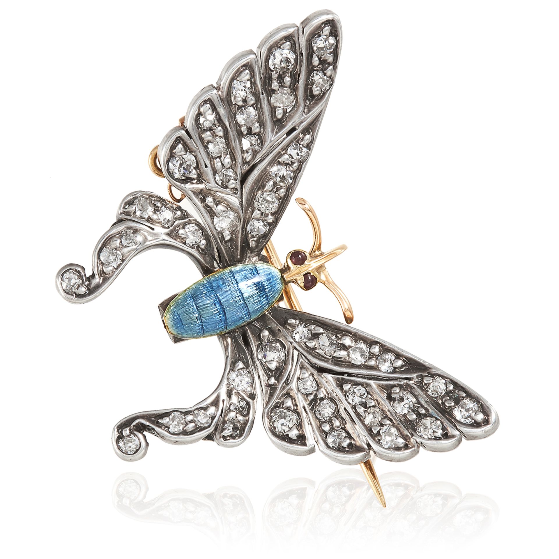 AN ANTIQUE DIAMOND AND ENAMEL BUTTERFLY BROOCH in yellow gold and silver, designed as butterfly, its
