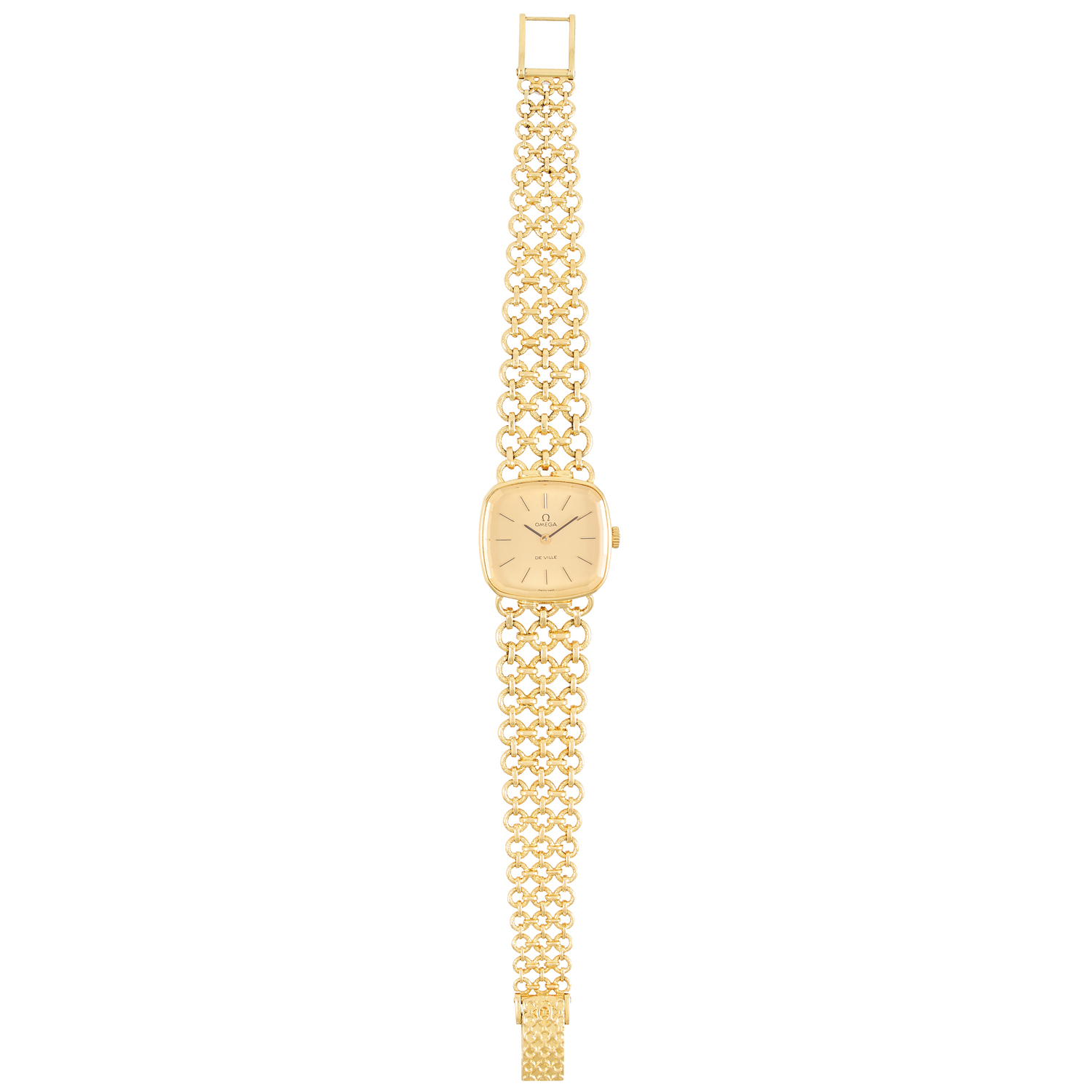 A LADIES OMEGA DE VILLE WRIST WATCH in 18ct yellow gold, the cushion shaped face within a circular