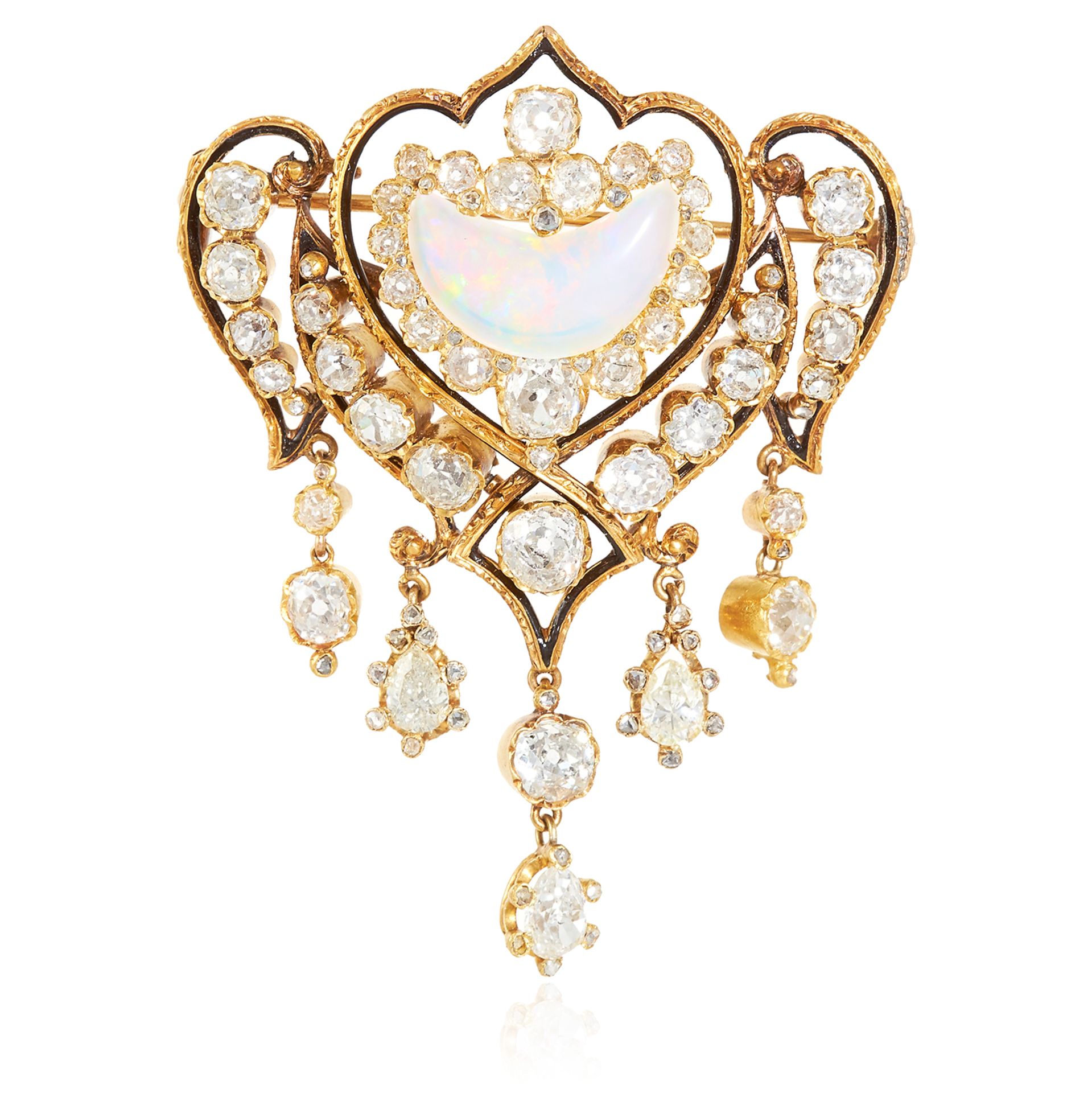 AN ANTIQUE OPAL, DIAMOND AND ENAMEL BROOCH, 19TH CENTURY in high carat yellow gold, the central opal