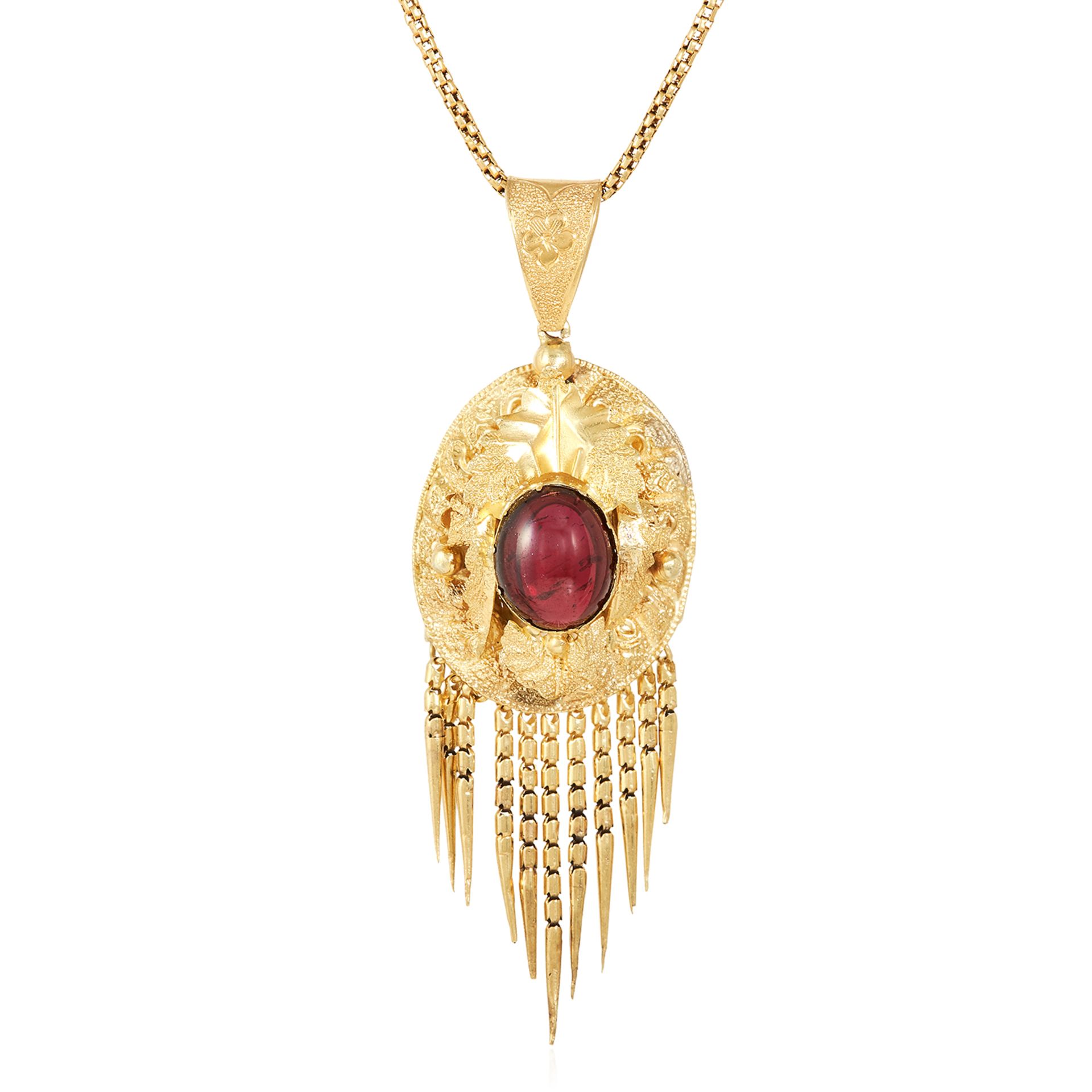 AN ANTIQUE VICTORIAN GARNET TASSEL PENDANT AND CHAIN, 19TH CENTURY in high carat yellow gold, set