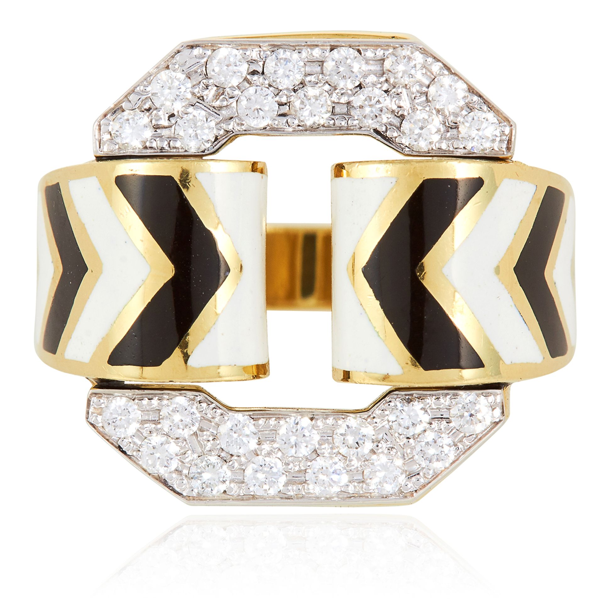 A DIAMOND AND ENAMEL DRESS RING, DAVID WEBB in 18ct yellow gold and platinum, of tire design with