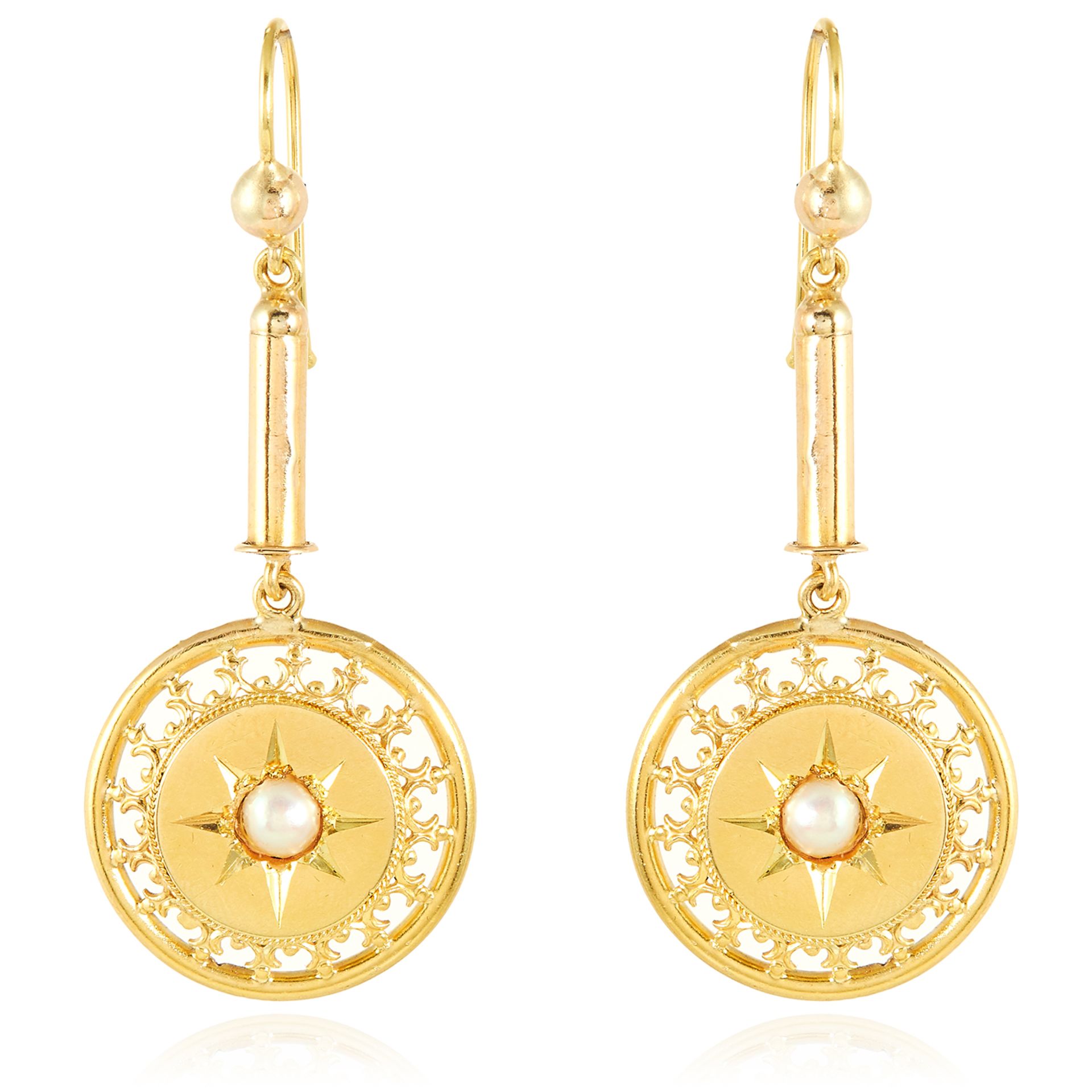 A PAIR OF ANTIQUE PEARL DROP EARRINGS, 19TH CENTURY in high carat yellow gold, each suspending a