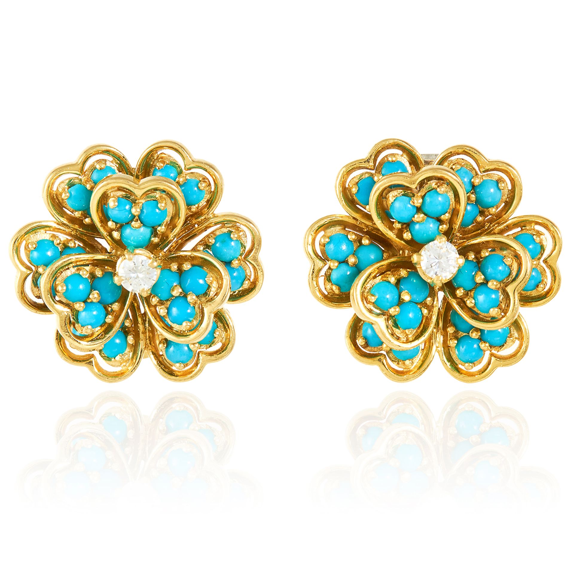 A PAIR OF TURQUOISE AND DIAMOND CLIP EARRINGS, BEN ROSENFELD 1963 in 18ct yellow gold, each designed
