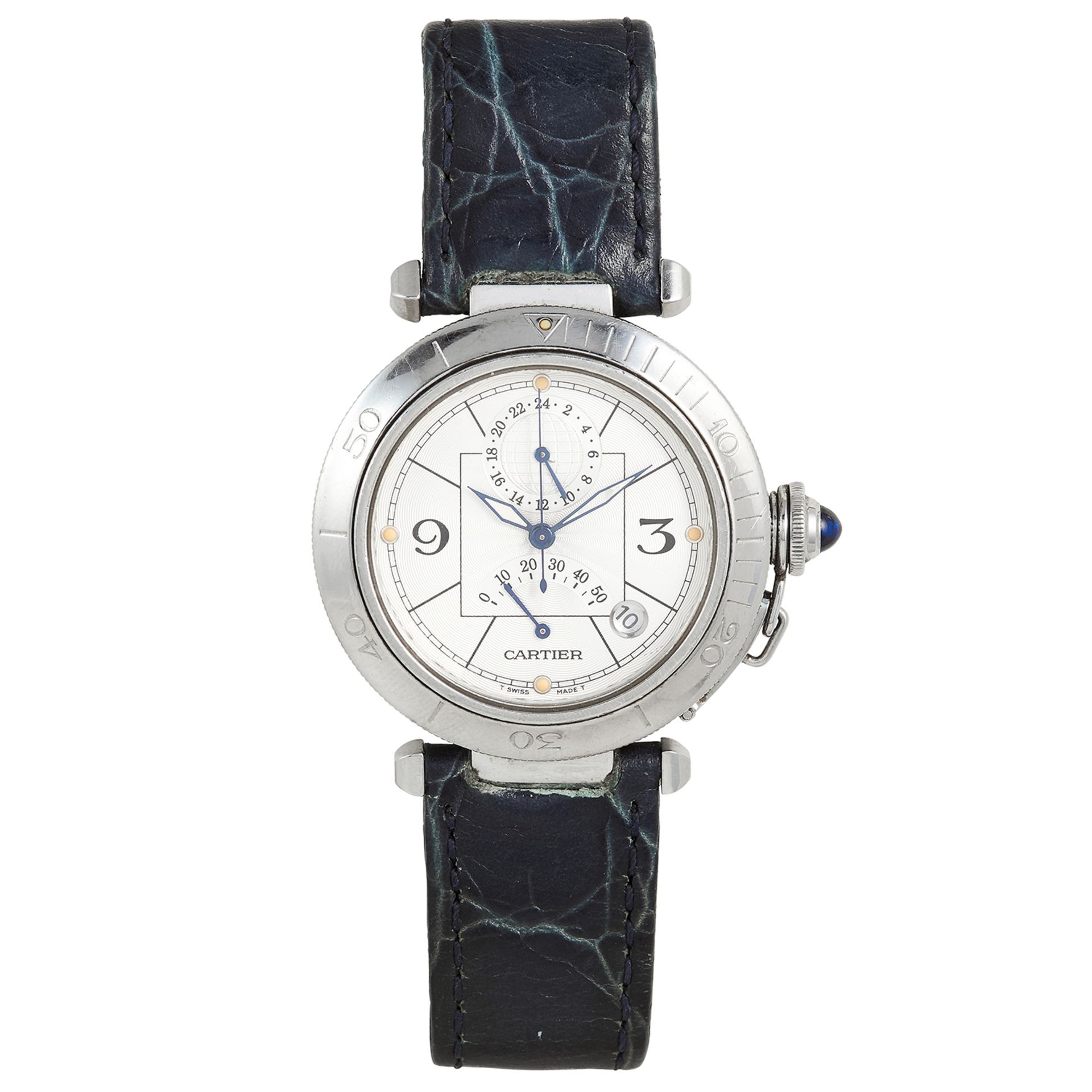 A 'PASHA DE CARTIER' MENS WATCH, CARTIER in steel, with white dial, on blue leather strap, signed