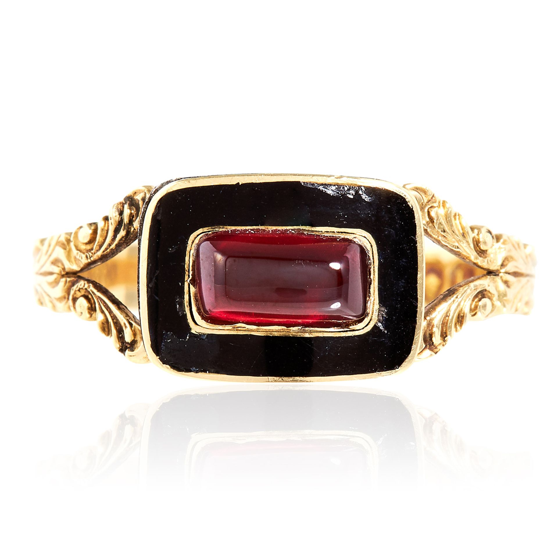 AN ANTIQUE GEORGIAN GARNET AND ENAMEL MOURNING RING, 1823 in 18ct yellow gold, the rectangular