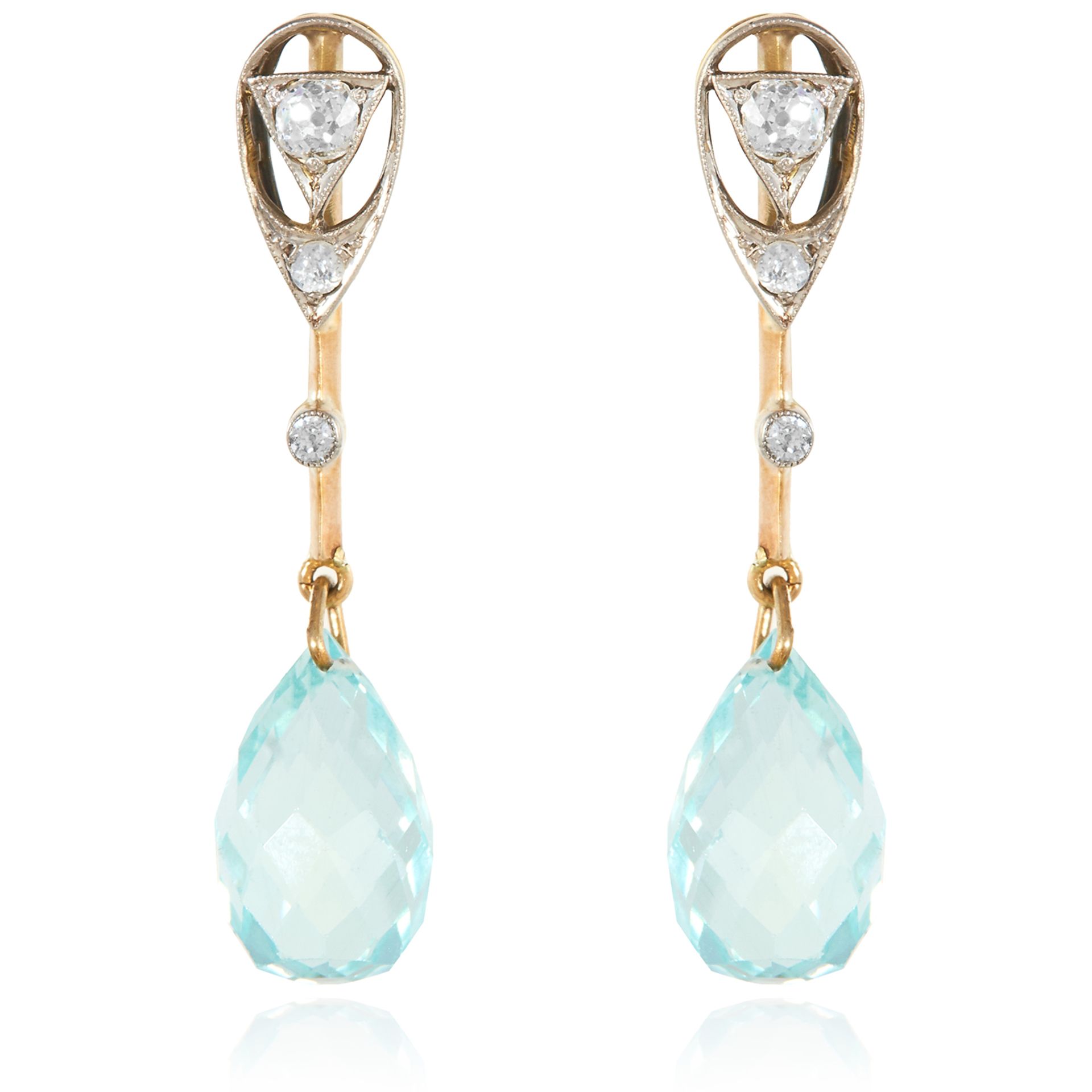 A PAIR OF ART DECO AQUAMARINE AND DIAMOND EARRINGS in high carat yellow gold, each set with a