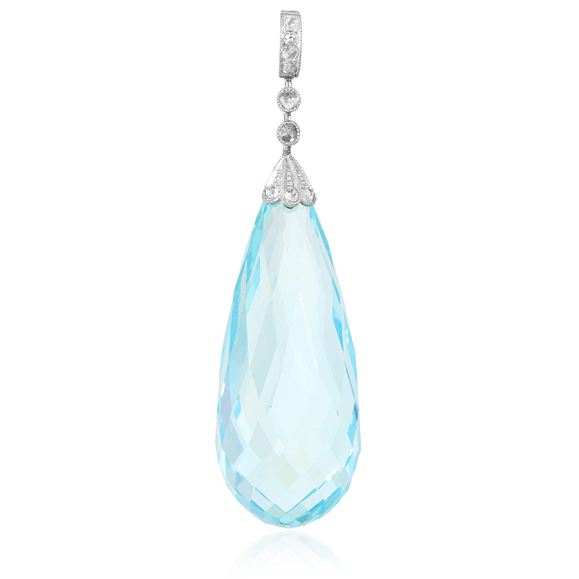 AN ANTIQUE AQUAMARINE AND DIAMOND PENDANT in yellow gold and silver, set with a tapering briolette