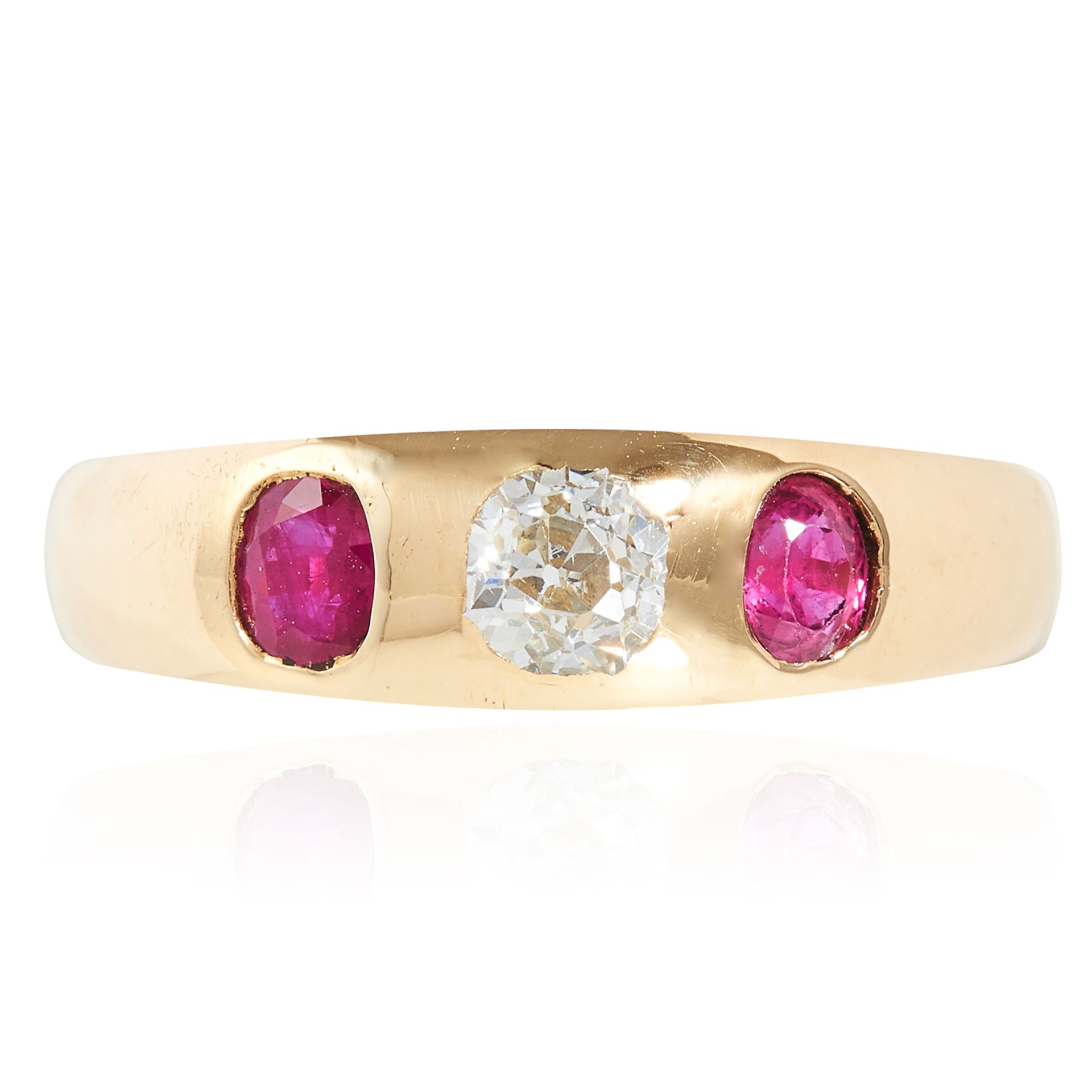 AN ANTIQUE DIAMOND AND RUBY GYPSY RING in 18ct yellow gold, the tapering band rubover set with an