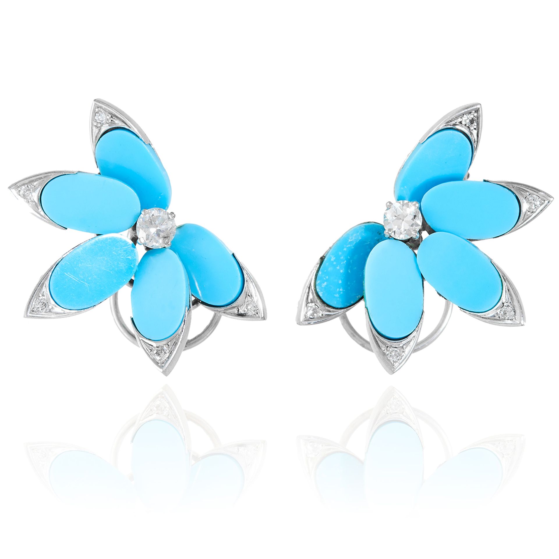 A PAIR OF TURQUOISE AND DIAMOND CLIP EARRINGS in white gold, each set with a round cut diamond