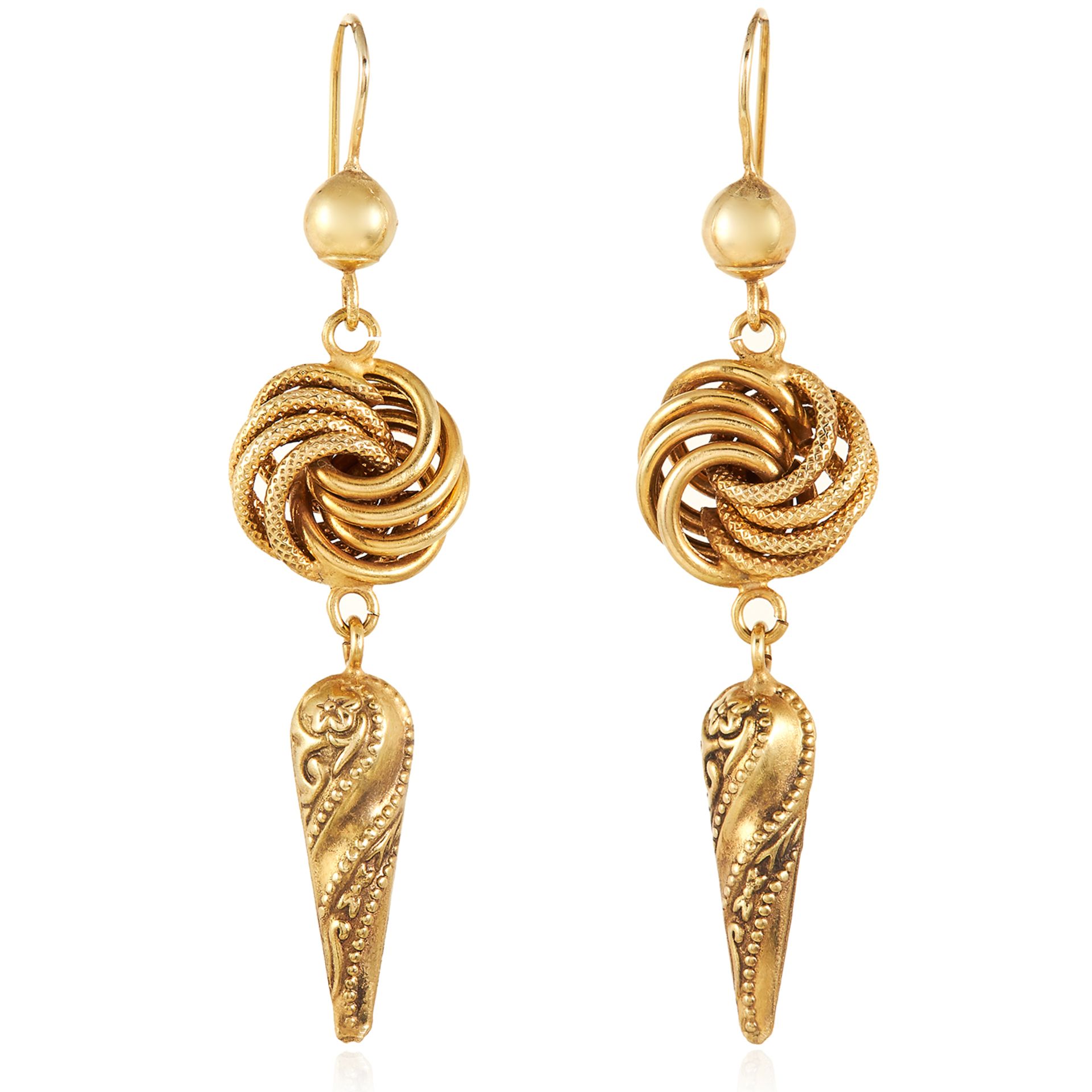 A PAIR OF ANTIQUE ARTICULATED LOVERS KNOT EARRINGS, 19TH CENTURY in yellow gold, each designed