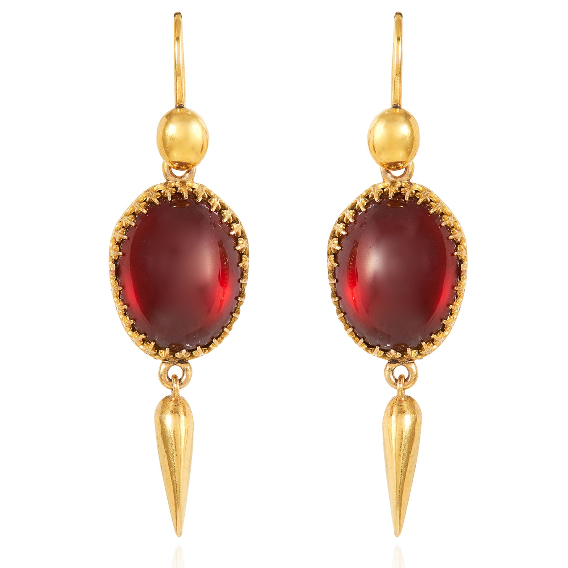 A PAIR OF GARNET DROP EARRINGS, 19TH CENTURY in high carat yellow gold, Etruscan revival, set with