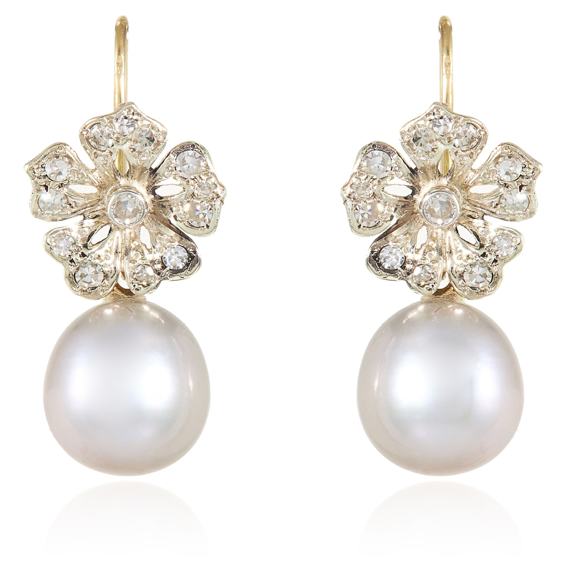 A PAIR OF ANTIQUE PEARL AND DIAMOND EARRINGS in yellow gold and platinum, each suspending a pearl