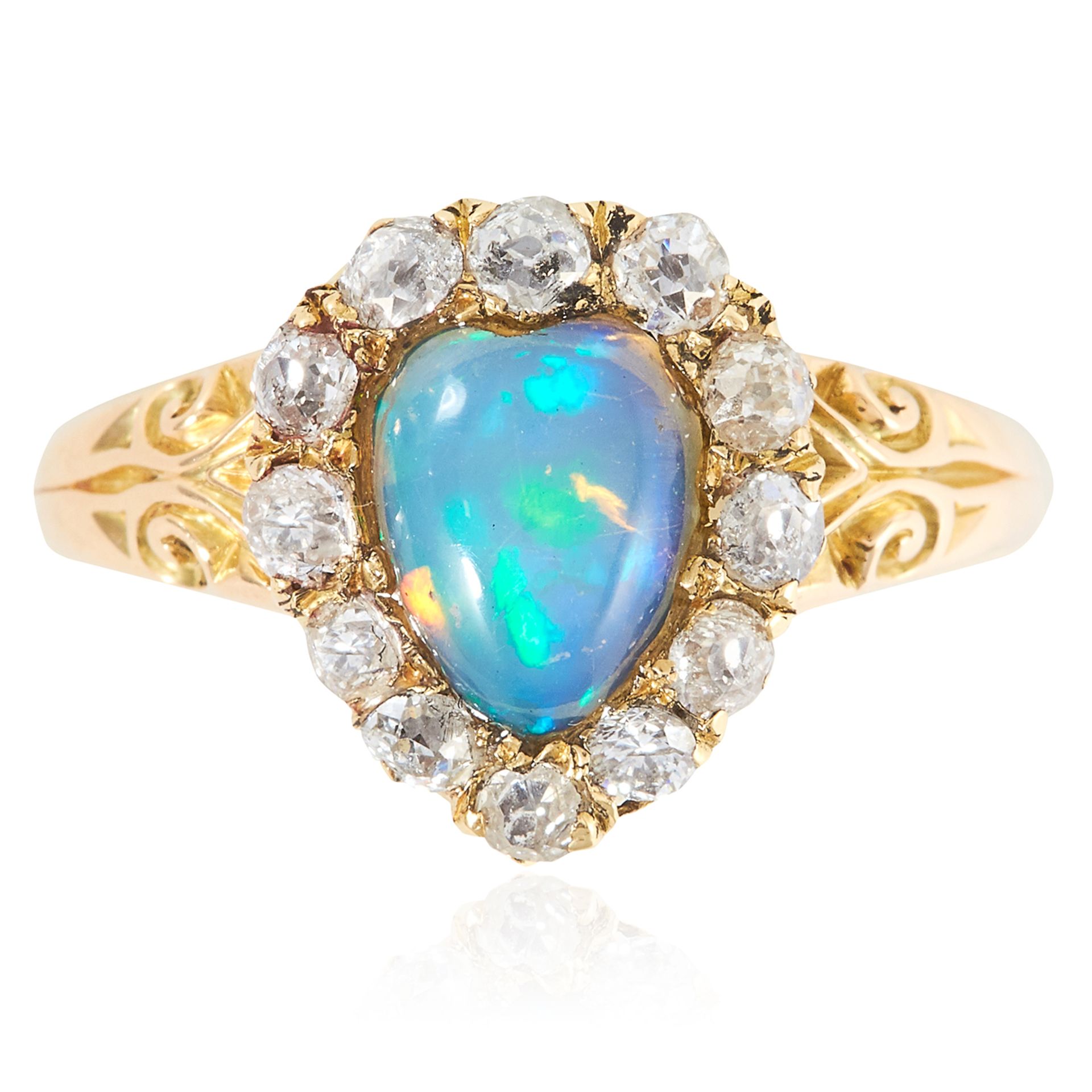 AN ANTIQUE OPAL AND DIAMOND CLUSTER RING, 19TH CENTURY in high carat yellow gold, the heart shaped