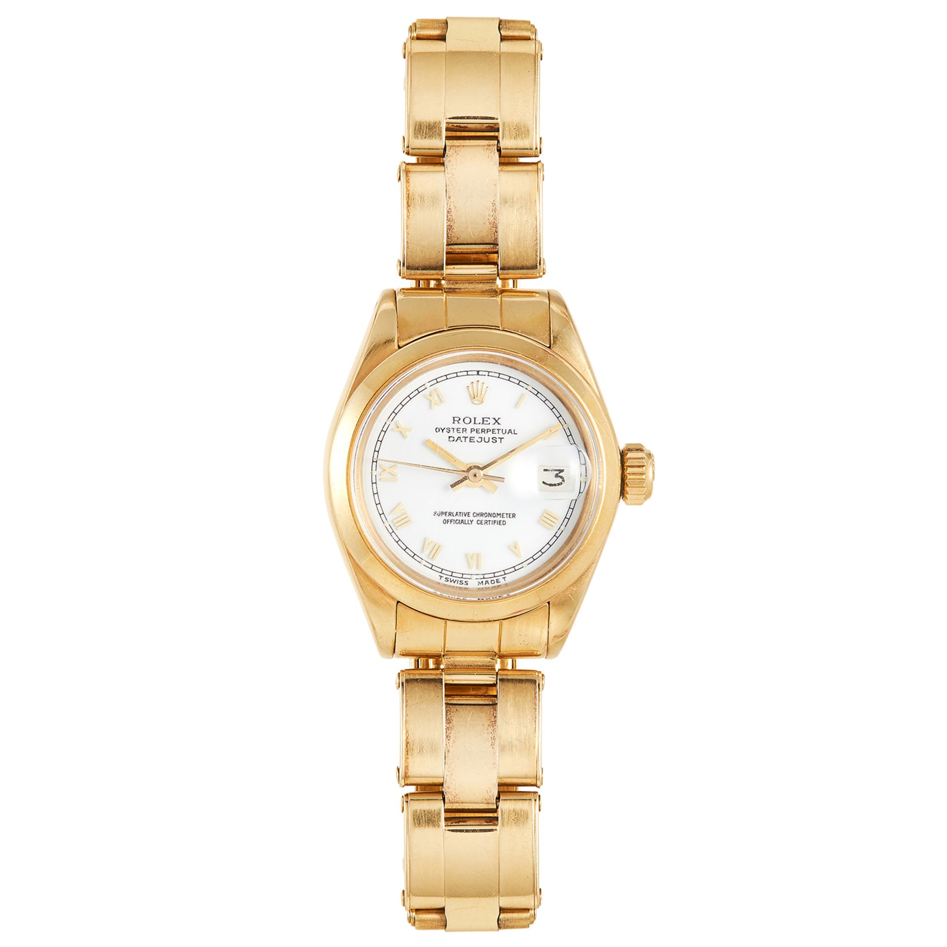 A LADIES 'DATEJUST OYSTER PERPECTUAL' WRISTWATCH in 18ct yellow gold, with white dial, signed Rolex,