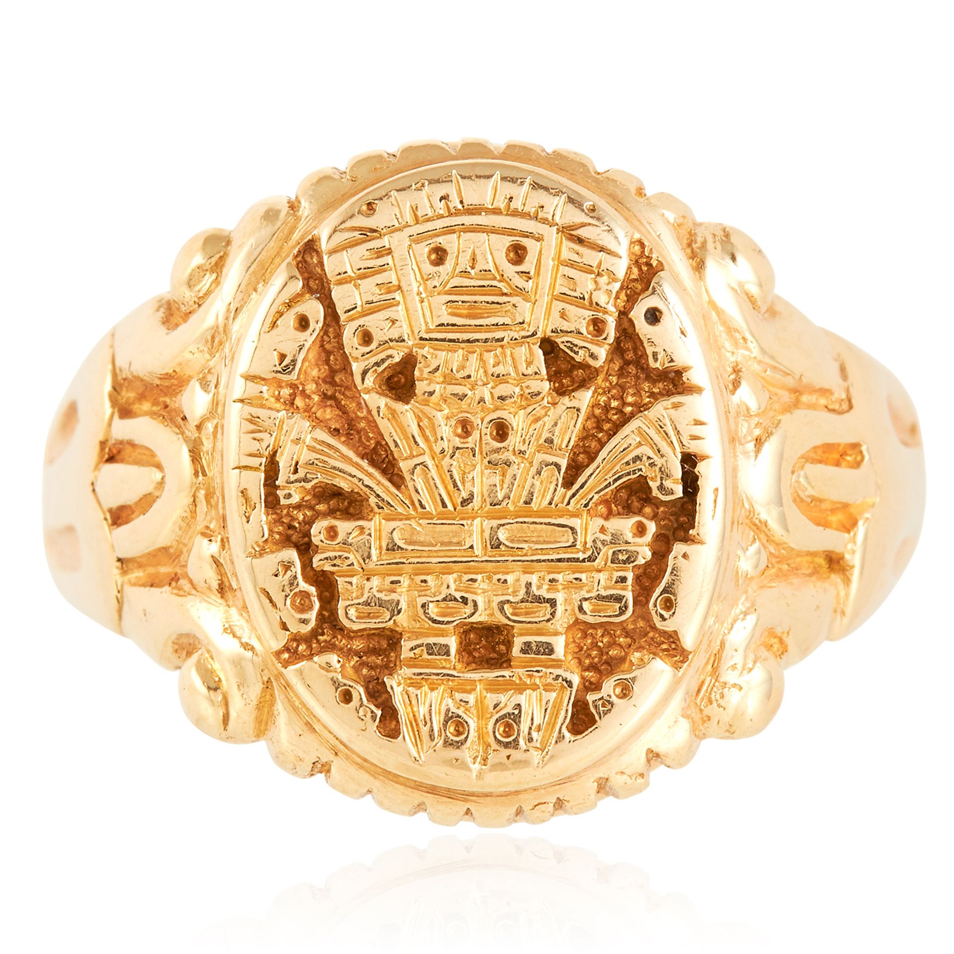 AN ANTIQUE INTAGLIO SIGNET RING in 18ct yellow gold, the face with a reverse carved coat of arms,