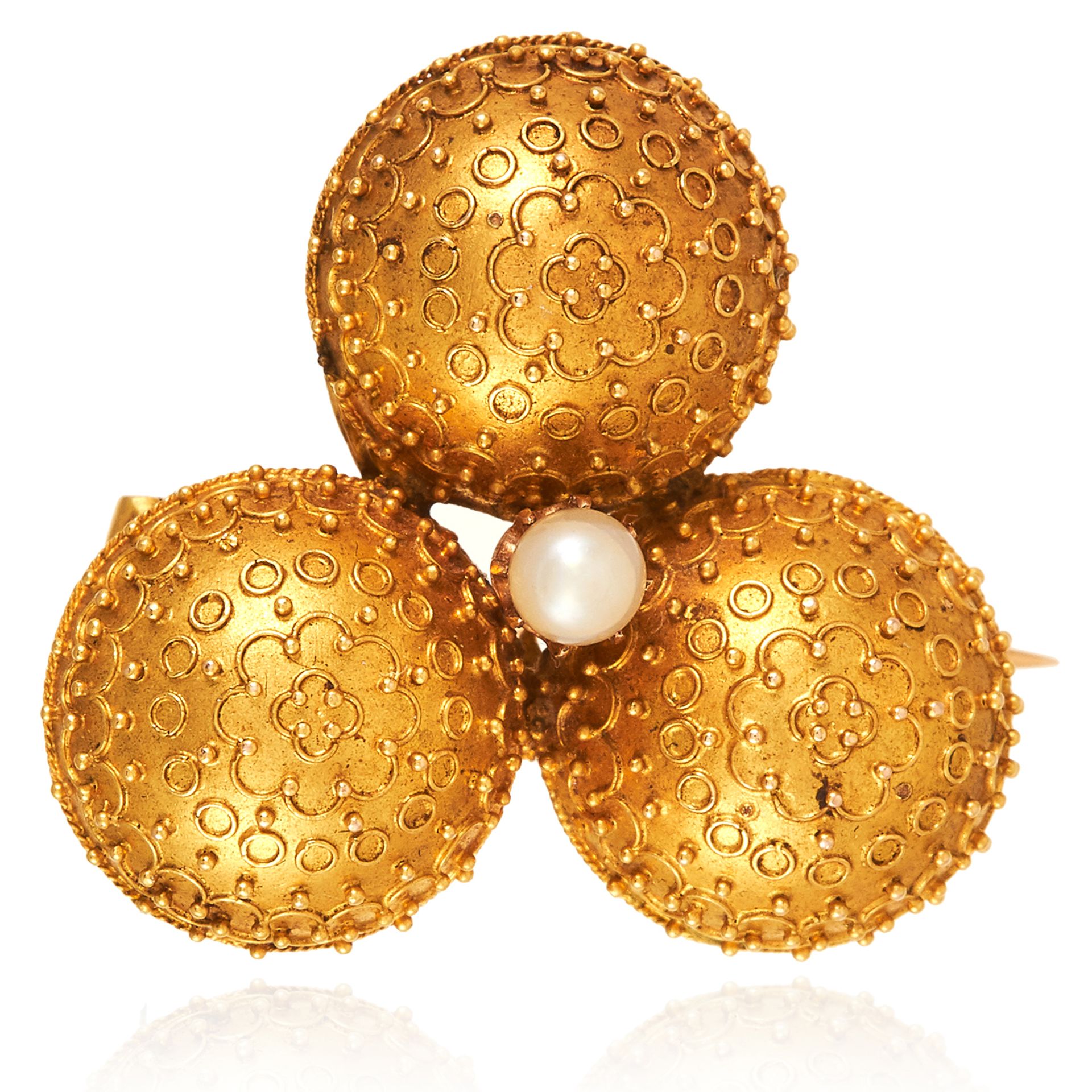 AN ANTIQUE ETRUSCAN REVIVAL PEARL CLOVER BROOCH, 19TH CENTURY in high carat yellow gold, the trefoil