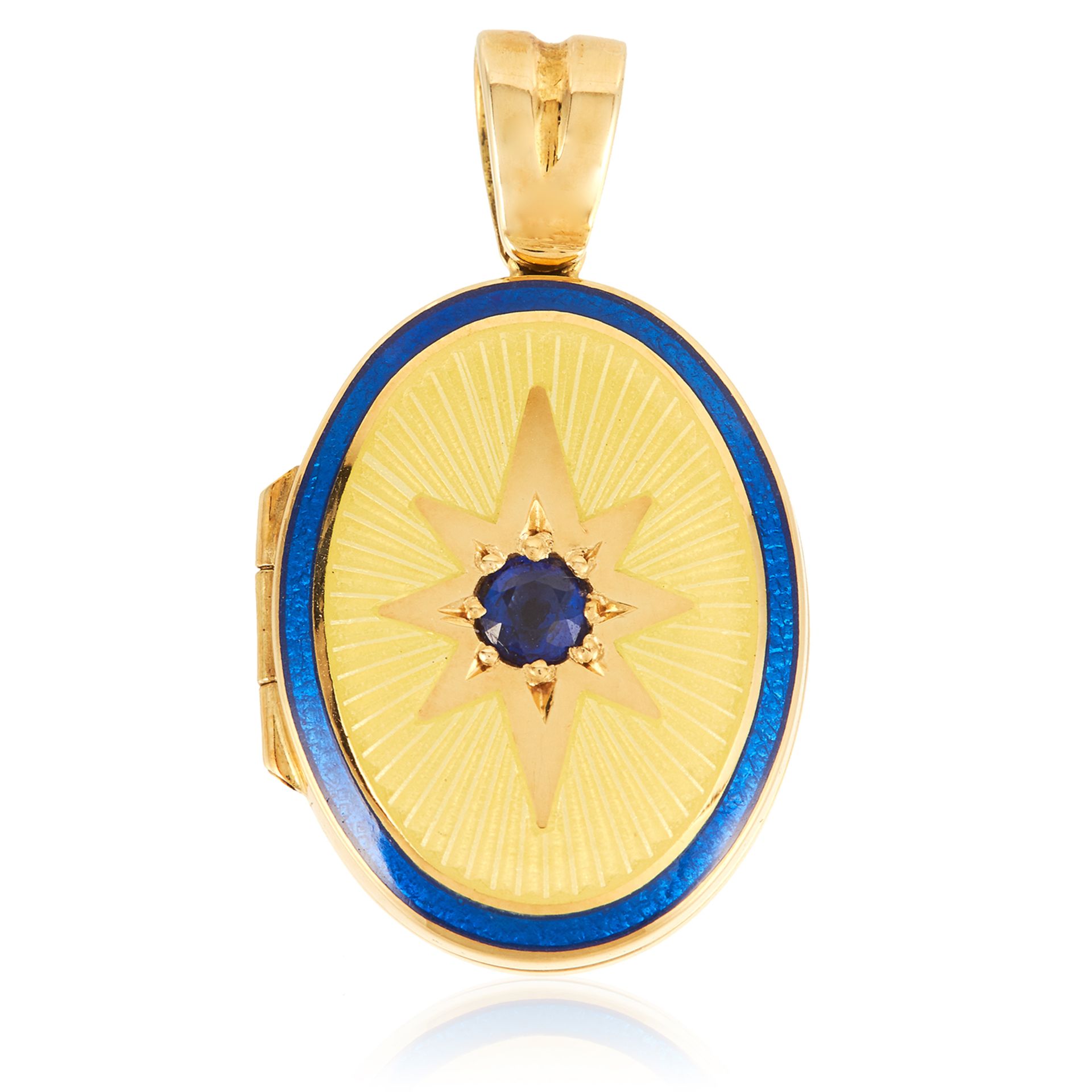 A SAPPHIRE AND ENAMEL LOCKET, DEAKIN & FRANCIS 1997 in 18ct yellow gold, the oval body set with a