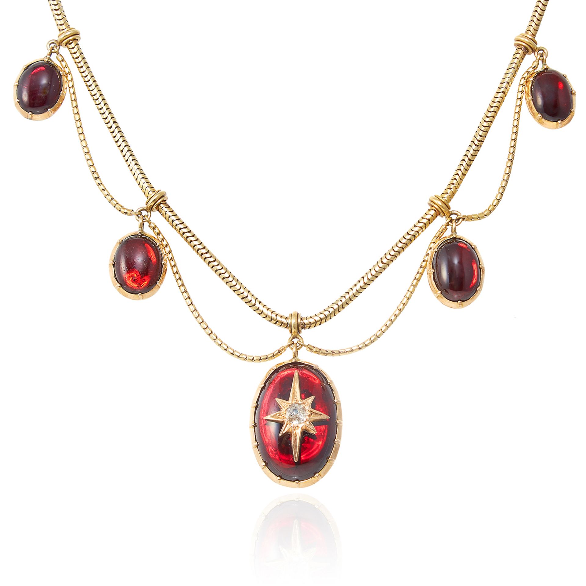 AN ANTIQUE DIAMOND AND GARNET NECKLACE, 19TH CENTURY in high carat yellow gold, the articulated