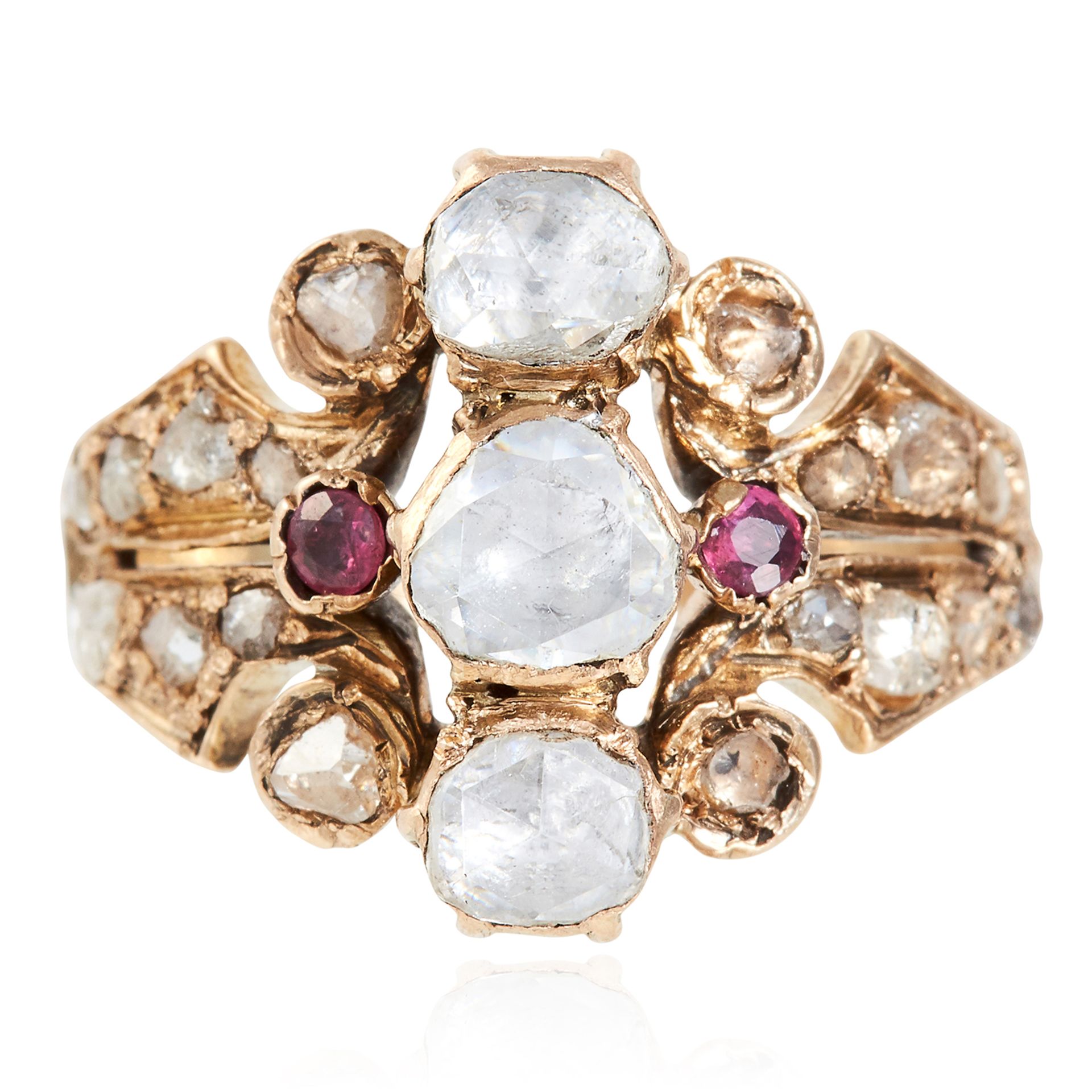 AN ANTIQUE DIAMOND AND RUBY DRESS RING, 19TH CENTURY in yellow gold, set with three central rose cut