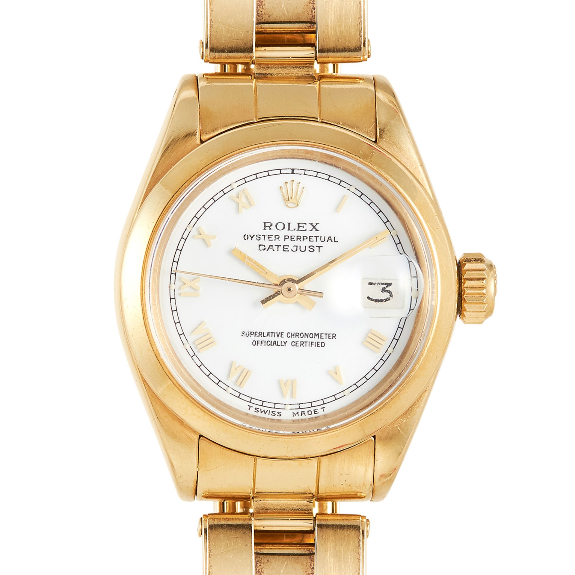 A LADIES 'DATEJUST OYSTER PERPECTUAL' WRISTWATCH in 18ct yellow gold, with white dial, signed Rolex, - Bild 2 aus 2