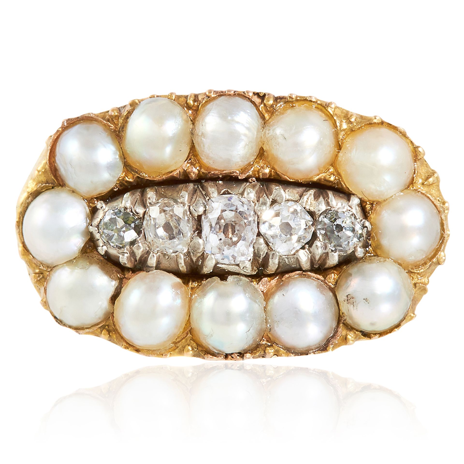A PEARL AND DIAMOND DRESS RING in high carat yellow gold, set with a row of old cut diamonds in a