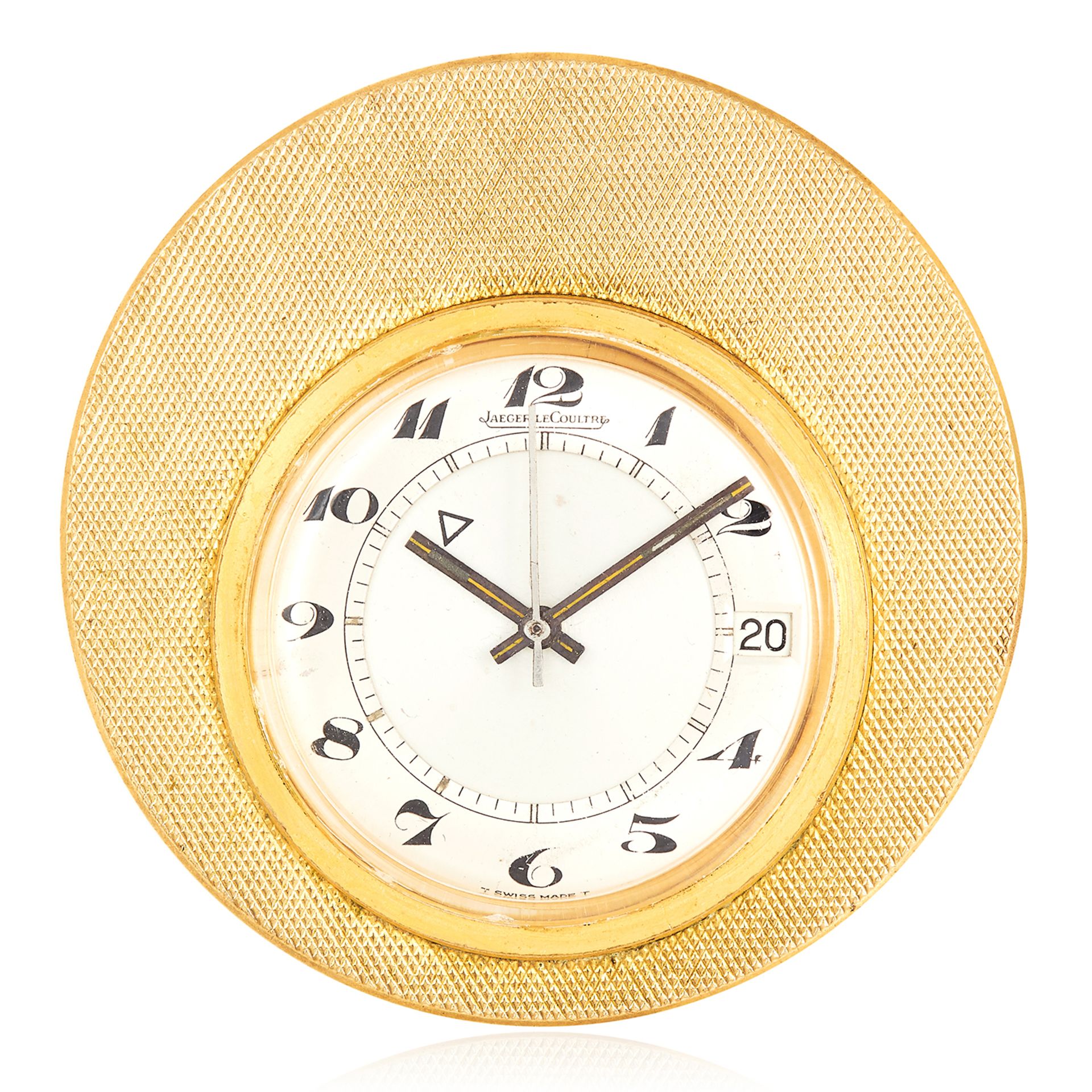 A JAEGER LECOUTRE ALARM CLOCK white white dial, in textured gold circular border, 5cm, 57.62g.