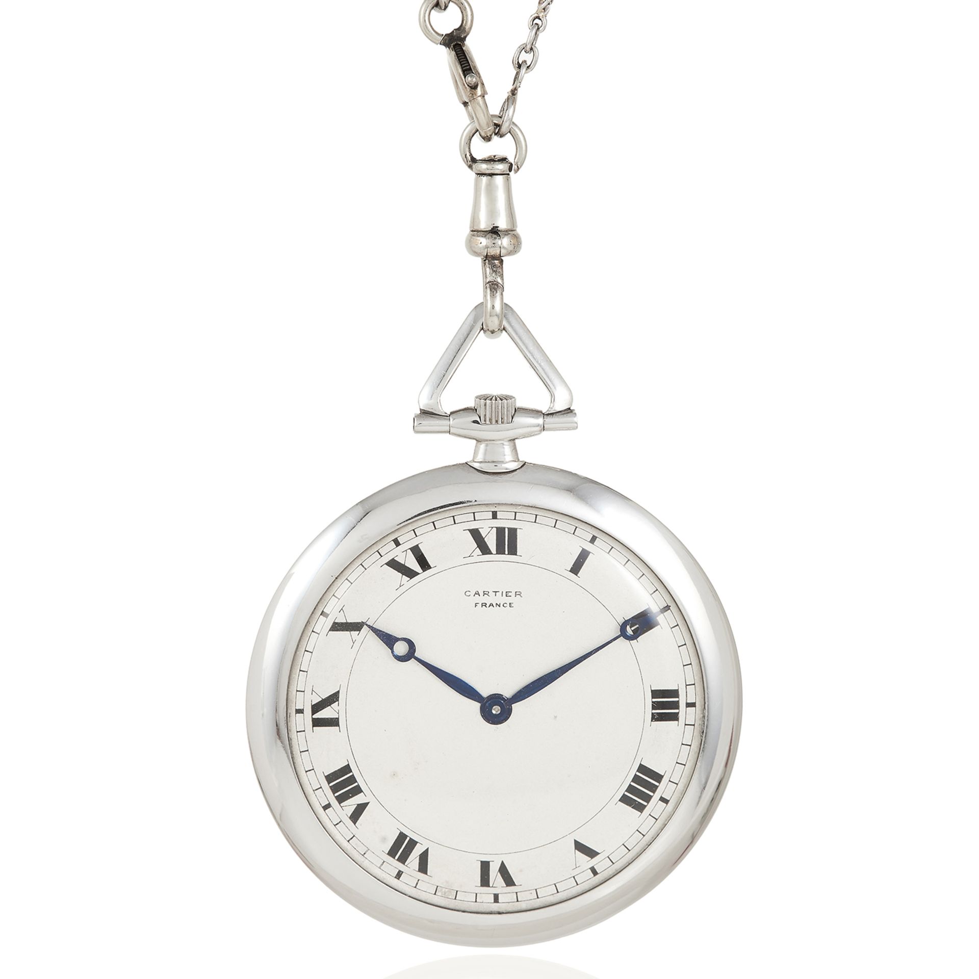 AN ART DECO PEARL WATCH ON CHAIN, CARTIER in white gold or platinum, comprising of a pocket watch on