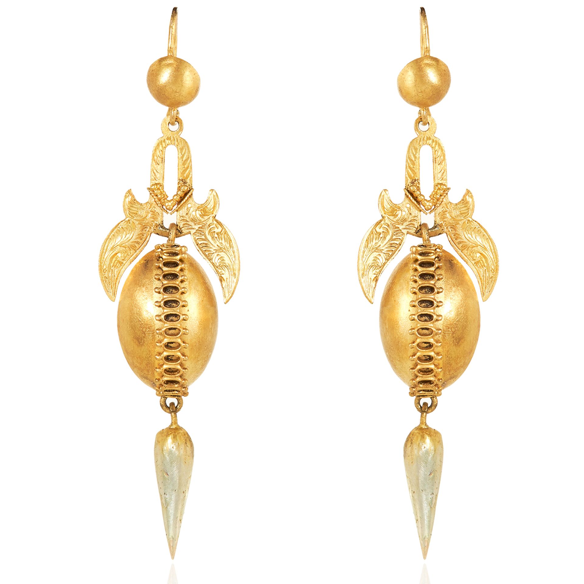 A PAIR OF ANTIQUE ARTICULATED DROP EARRINGS, 19TH CENTURY in high carat yellow gold, the articulated