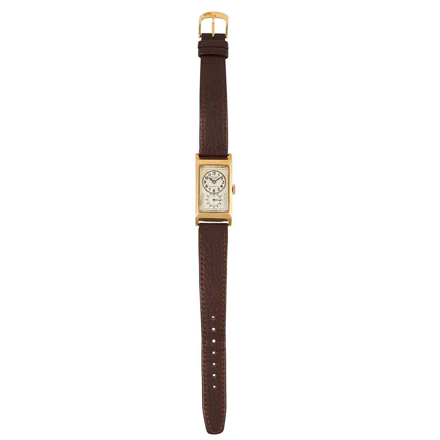 AN ANTIQUE ROLEX WRISTWATCH with white dial and gold border, on brown leather strap, signed Rolex,