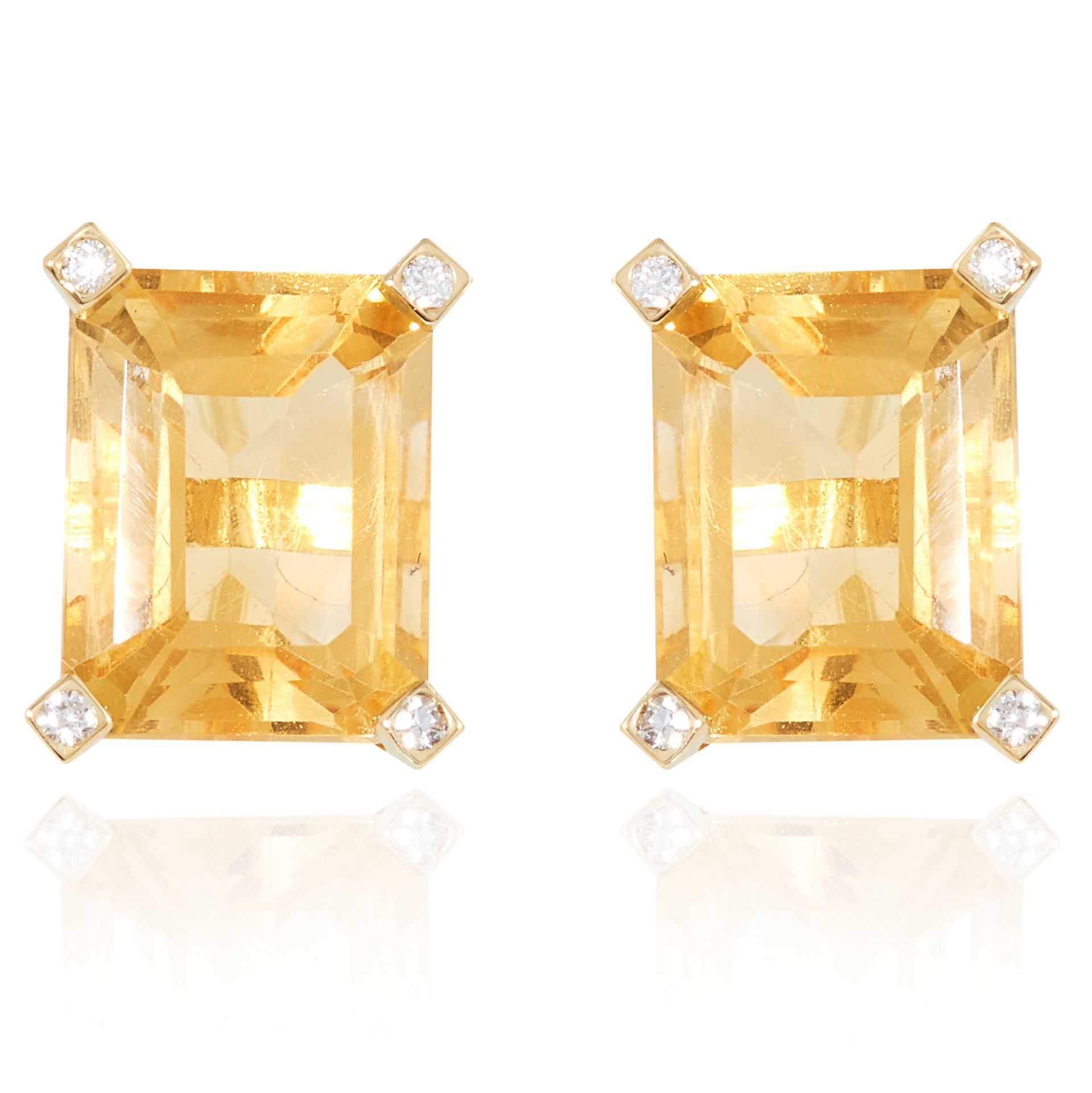 A PAIR OF CITRINE AND DIAMOND EARRINGS in high carat yellow gold, each set with an emerald cut