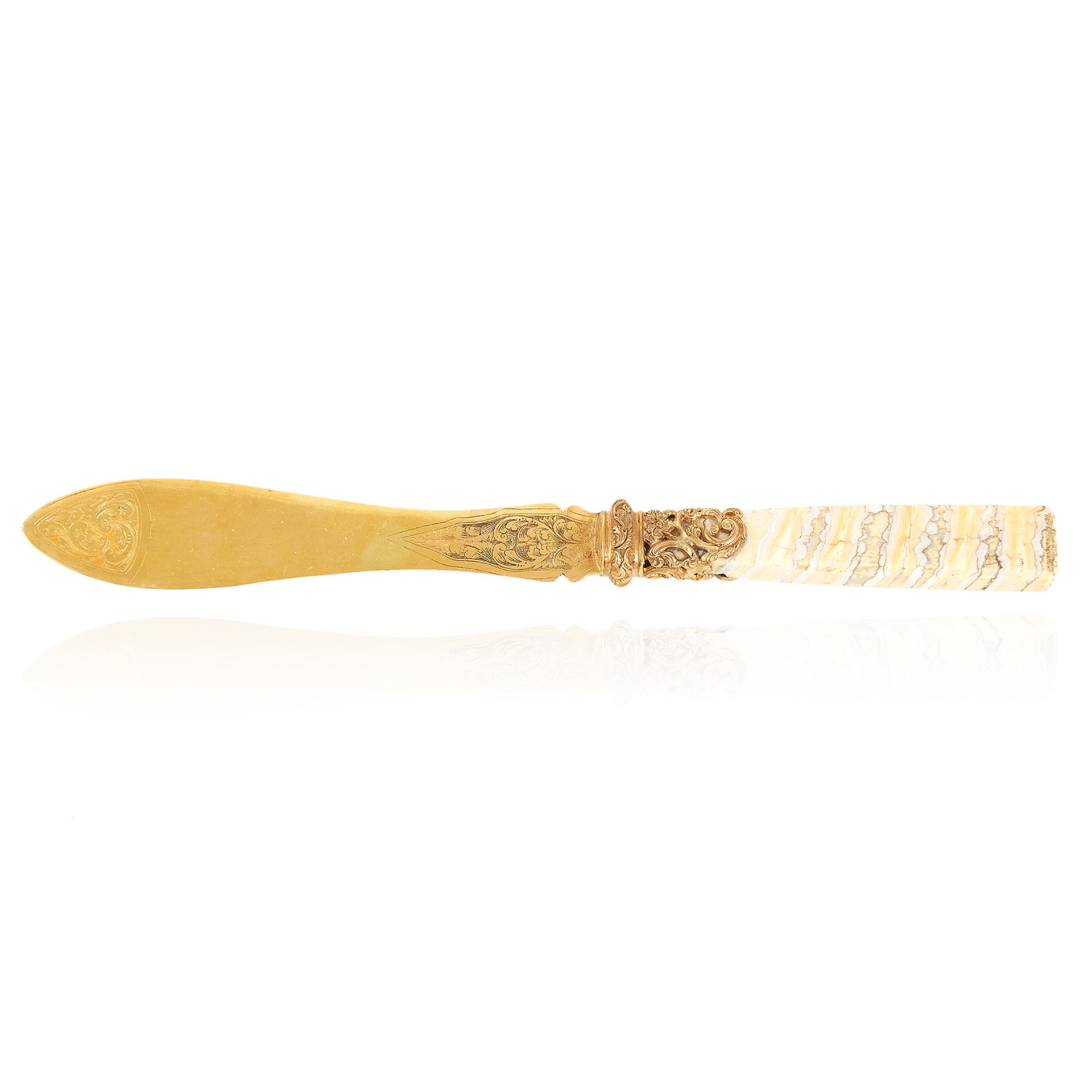 A SILVER GILT AND HARDSTONE LETTER OPENER / PAPER KNIFE with engraved foliate motif, 23cm, 68.49g.