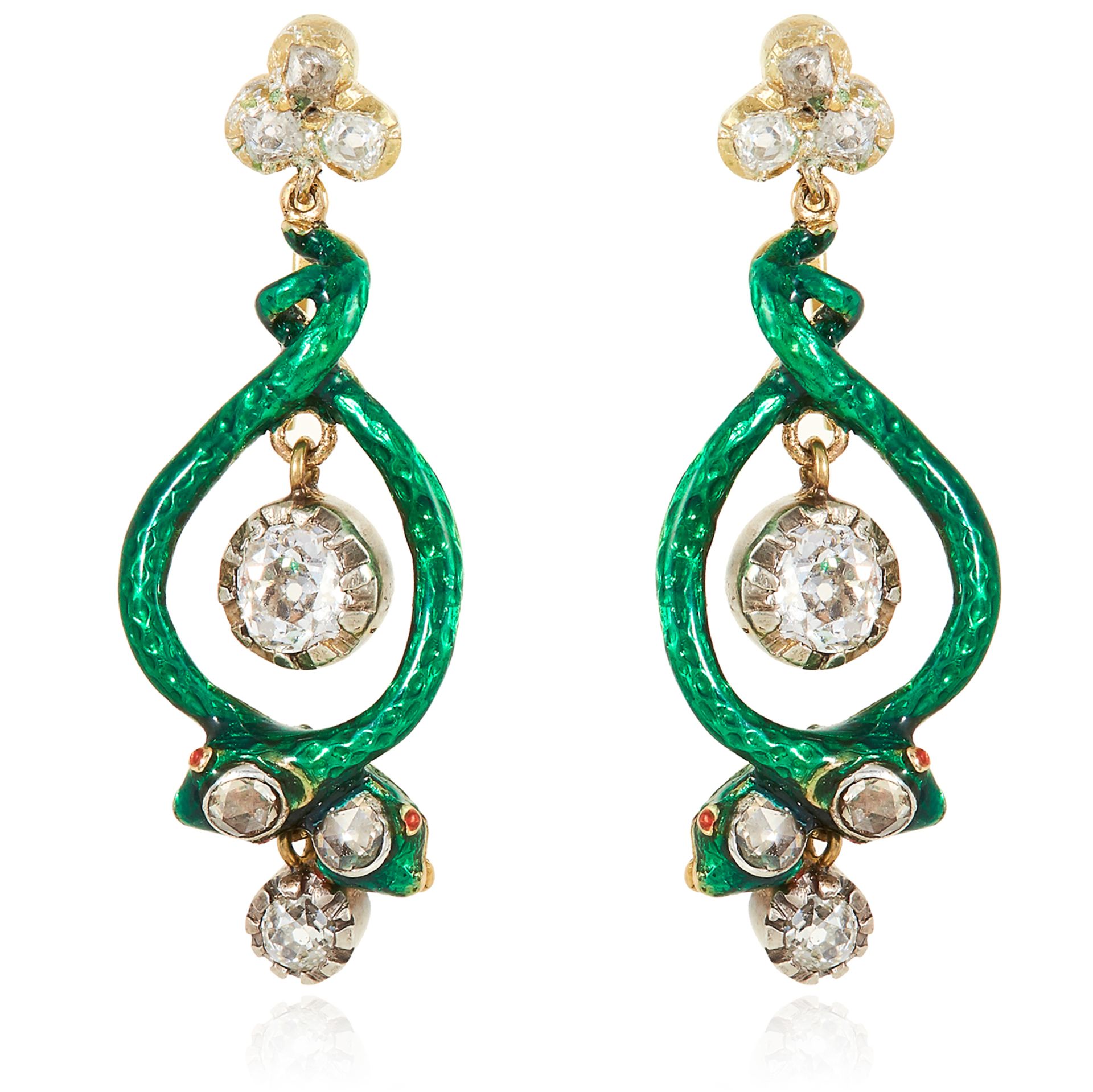 A PAIR OF ANTIQUE DIAMOND AND ENAMEL SNAKE EARRINGS in high carat yellow gold and silver, each