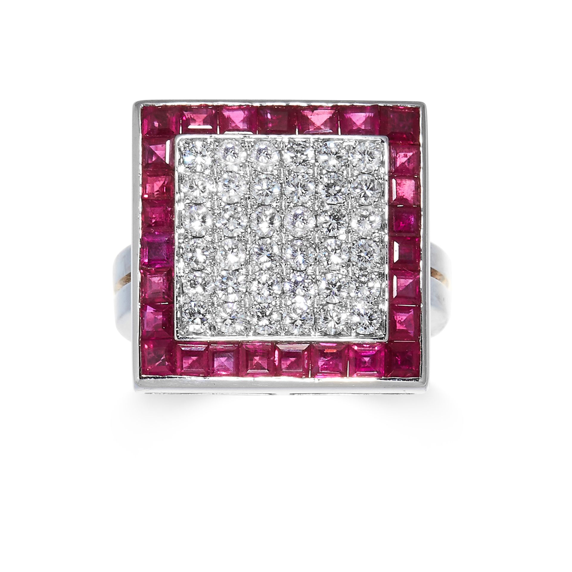 A DIAMOND AND RUBY CLUSTER RING in 18ct white gold, the square face jewelled with approximately 1