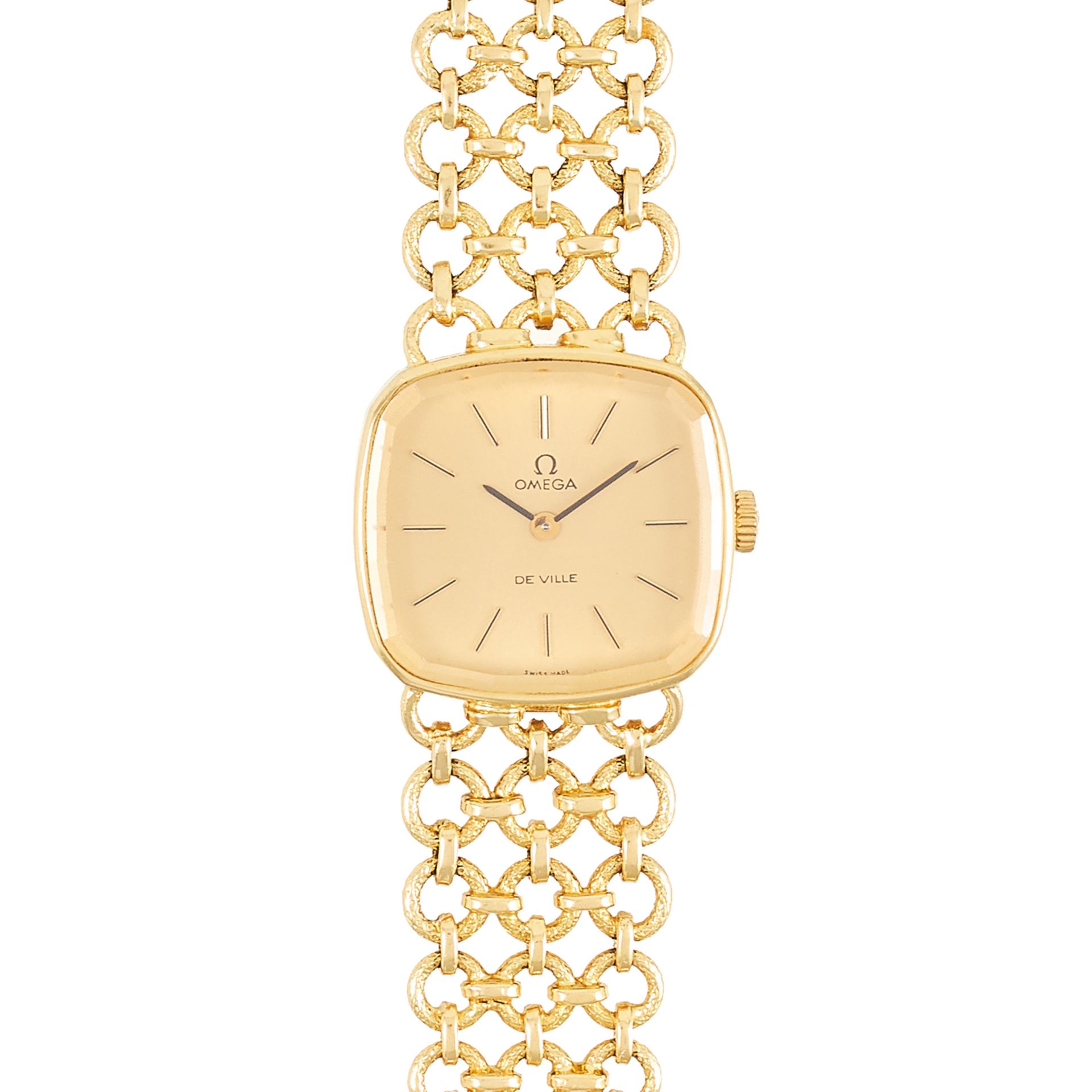A LADIES OMEGA DE VILLE WRIST WATCH in 18ct yellow gold, the cushion shaped face within a circular - Bild 2 aus 2
