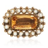AN ANTIQUE IMPERIAL TOPAZ AND CITRINE BROOCH, 19TH CENTURY in high carat yellow gold, the central