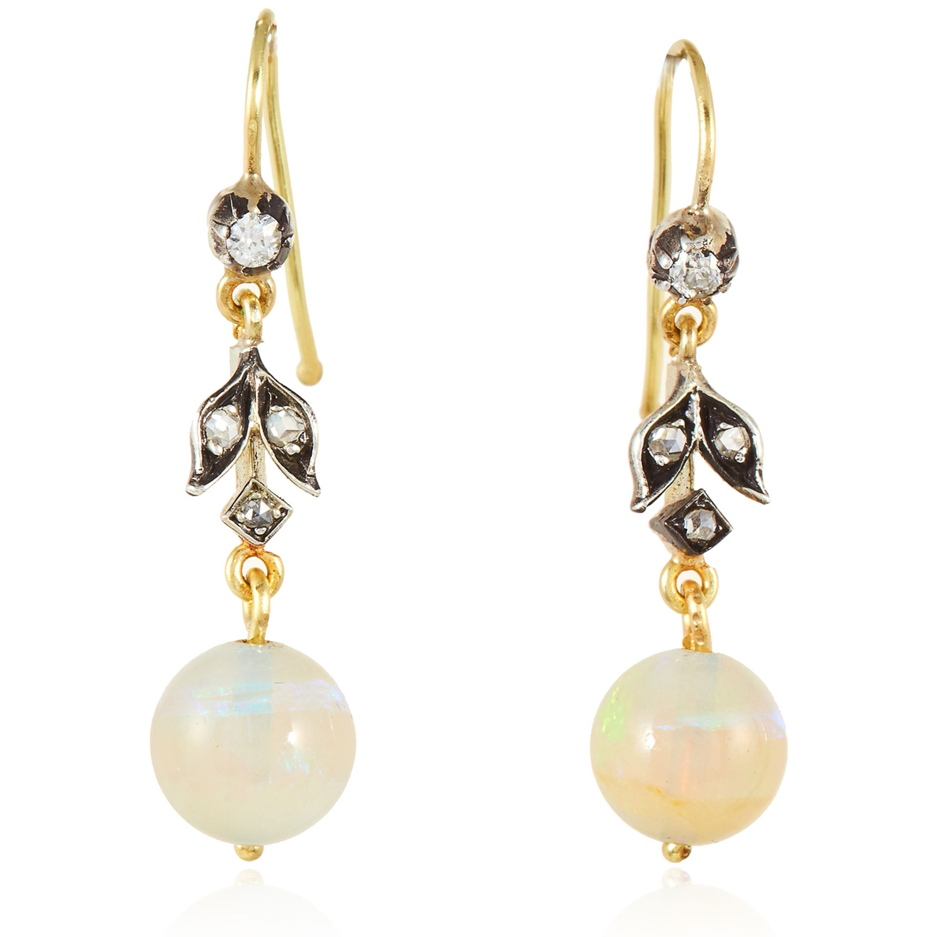 A PAIR OF ANTIQUE OPAL AND DIAMOND EARRINGS in yellow gold and silver, each set with a polished opal