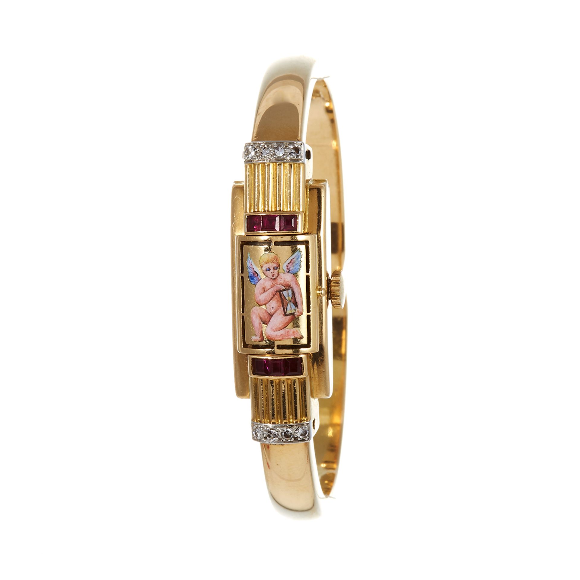 A RUBY, DIAMOND AND ENAMEL COCKTAIL WATCH, CIRCA 1957 in 18ct yellow gold the dial with a hinged,