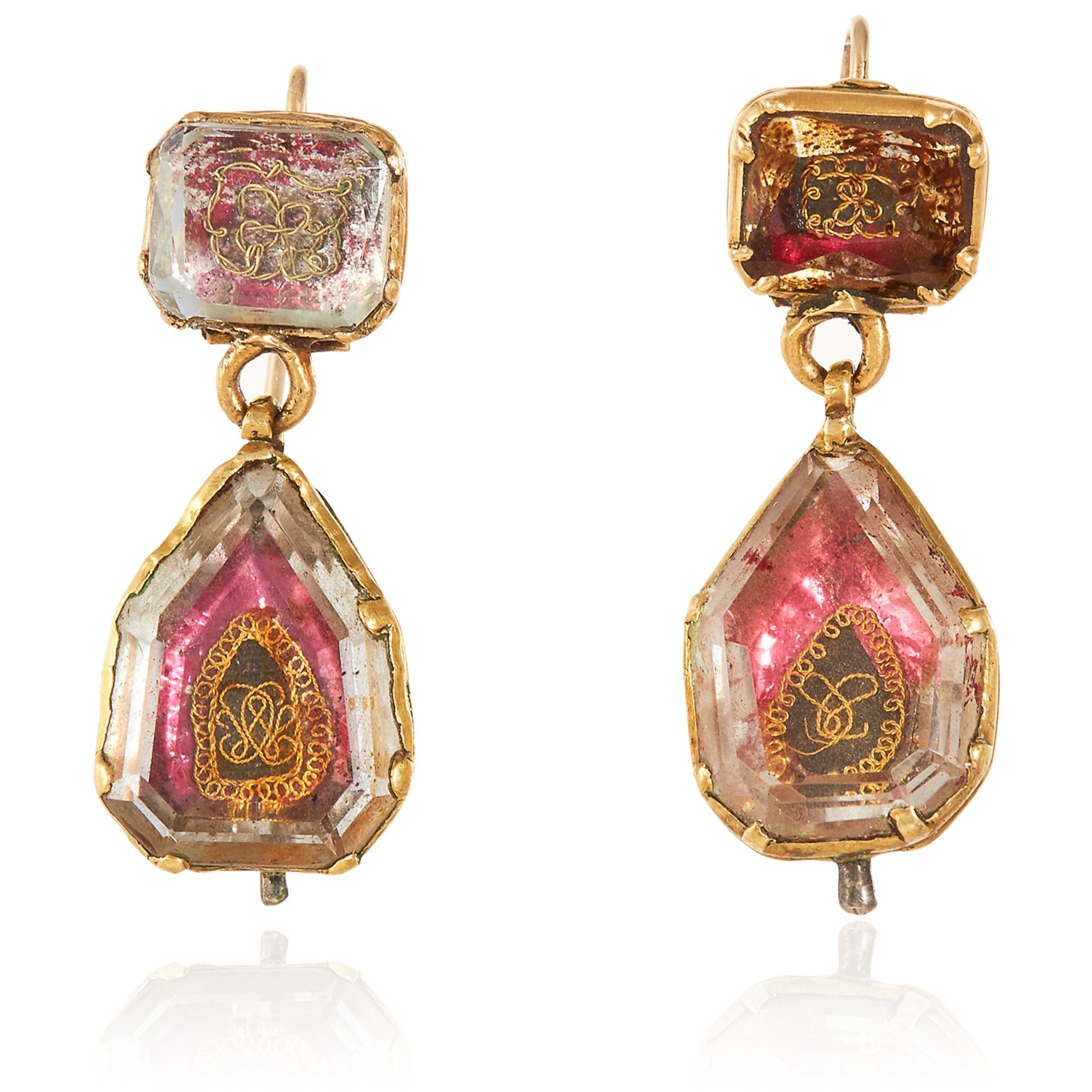 A PAIR OF ANTIQUE STUART CRYSTAL MOURNING EARRINGS in high carat yellow gold, 18th century, each